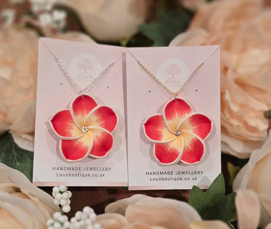 Handmade red frangipani flower necklace, nature, floral, Gold or silver plated