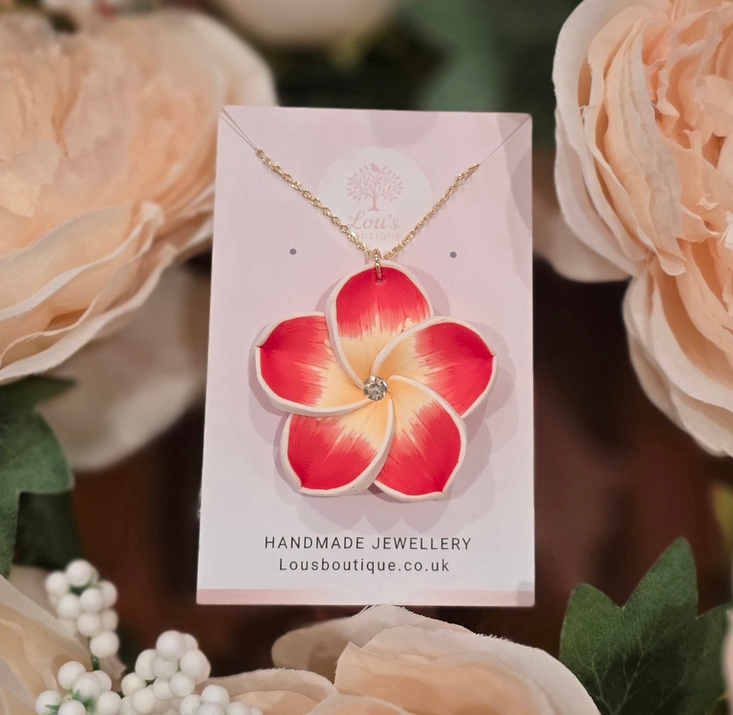 Handmade red frangipani flower necklace, nature, floral, Gold or silver plated