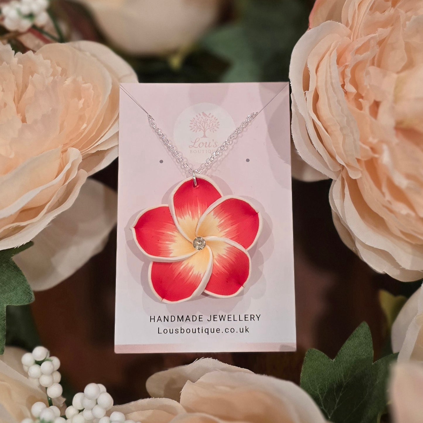 Handmade red frangipani flower necklace, nature, floral, Gold or silver plated