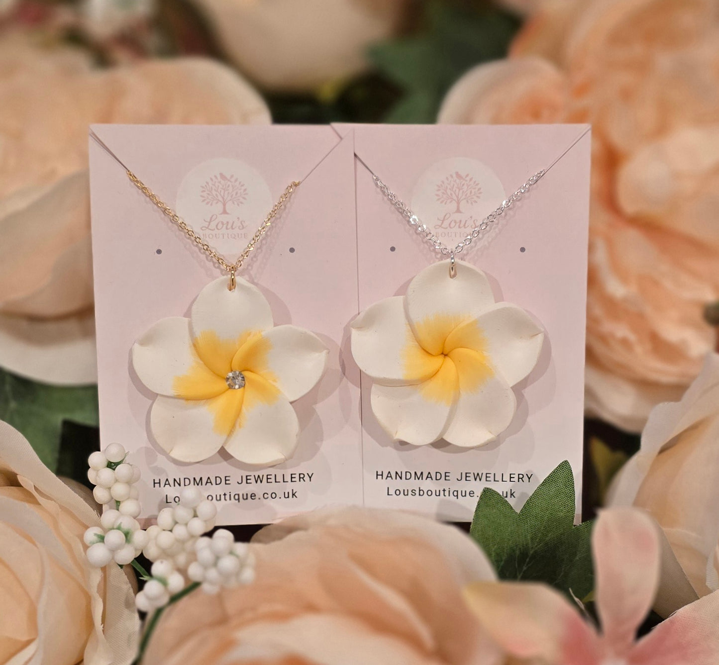 Handmade white frangipani flower necklace, nature, floral, Gold or silver plated
