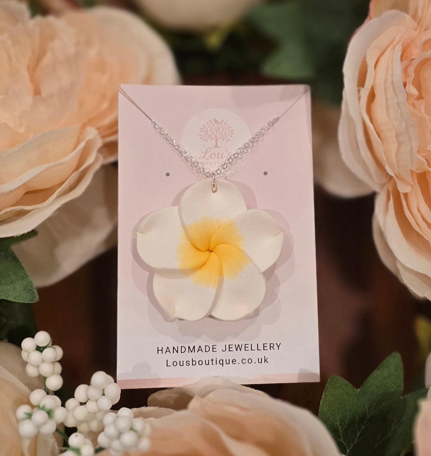 Handmade white frangipani flower necklace, nature, floral, Gold or silver plated
