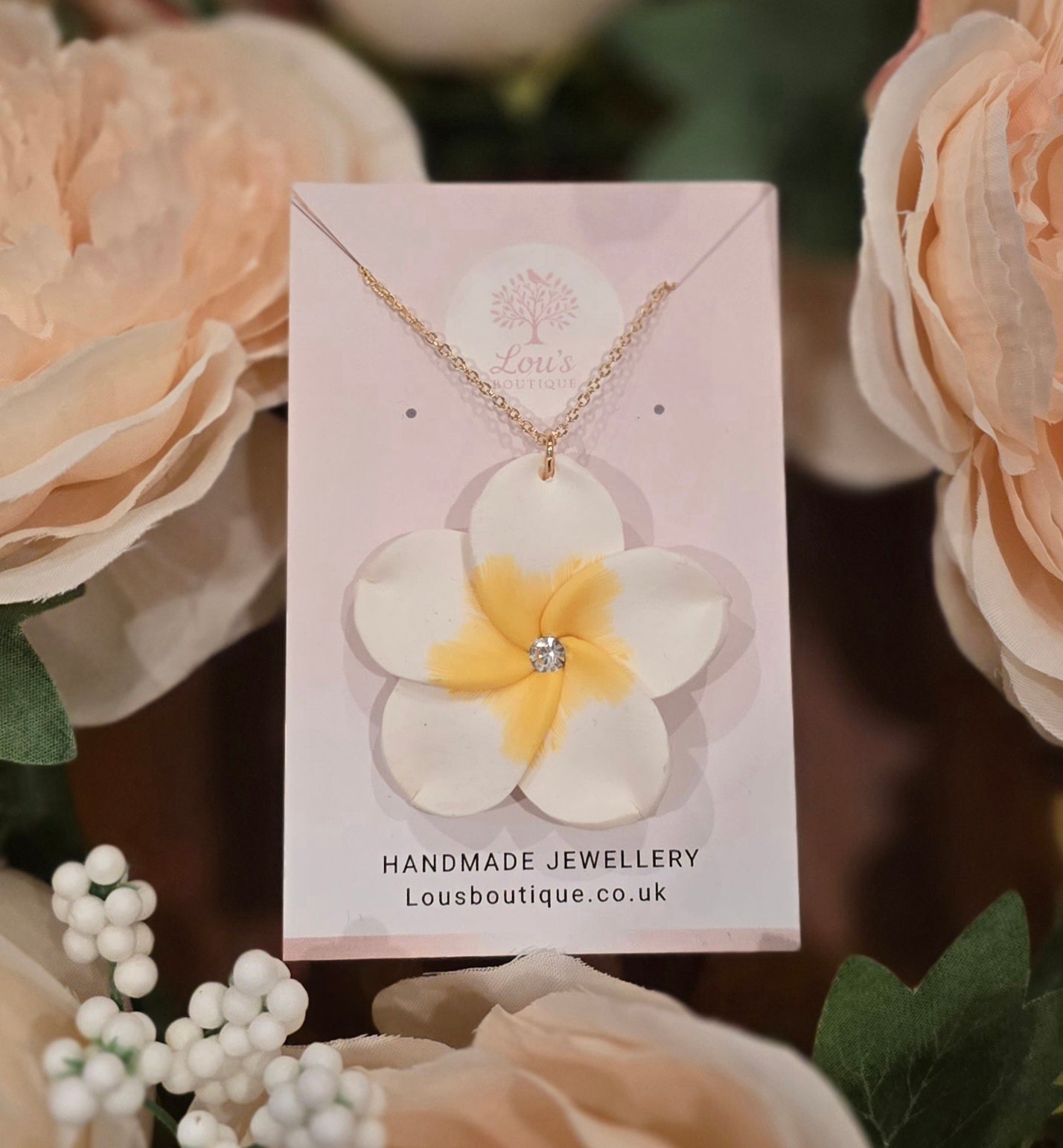 Handmade white frangipani flower necklace, nature, floral, Gold or silver plated