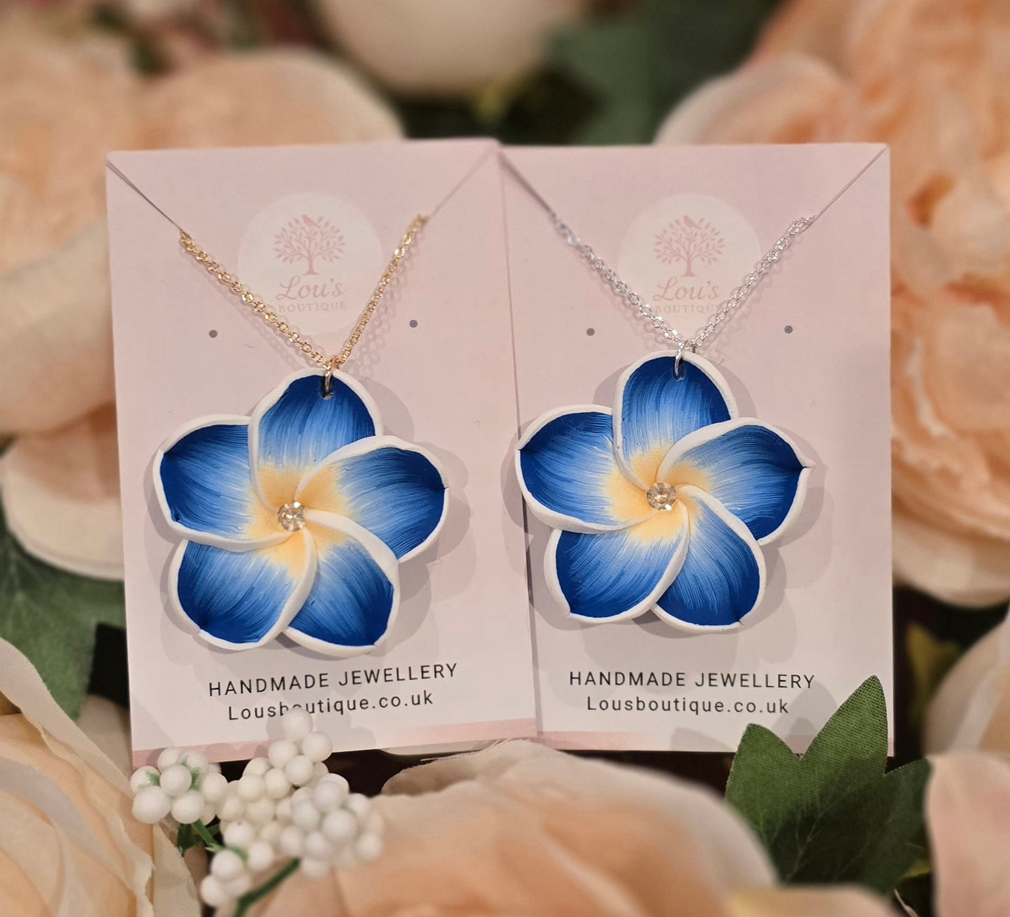 Handmade blue frangipani flower necklace, nature, floral, Gold or silver plated