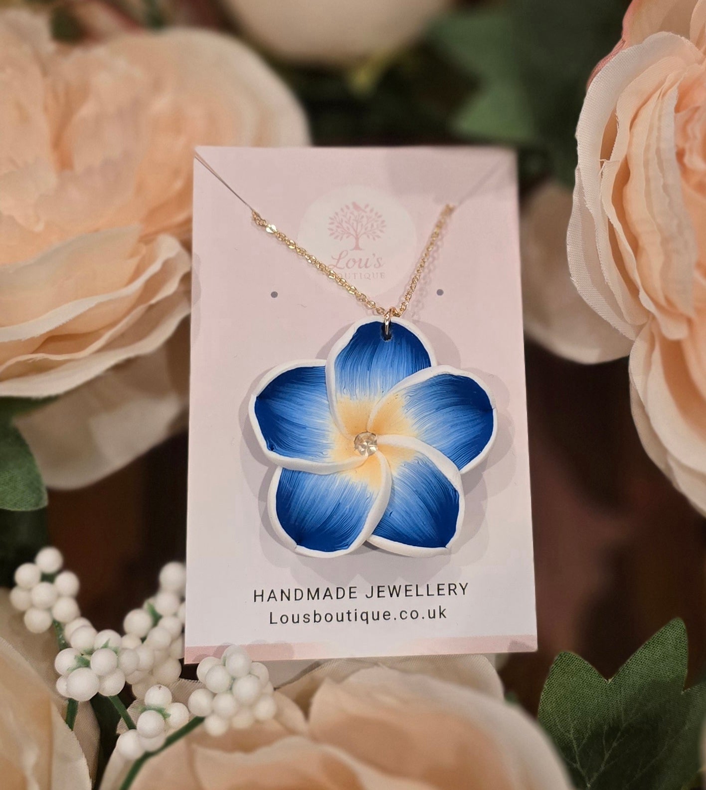 Handmade blue frangipani flower necklace, nature, floral, Gold or silver plated