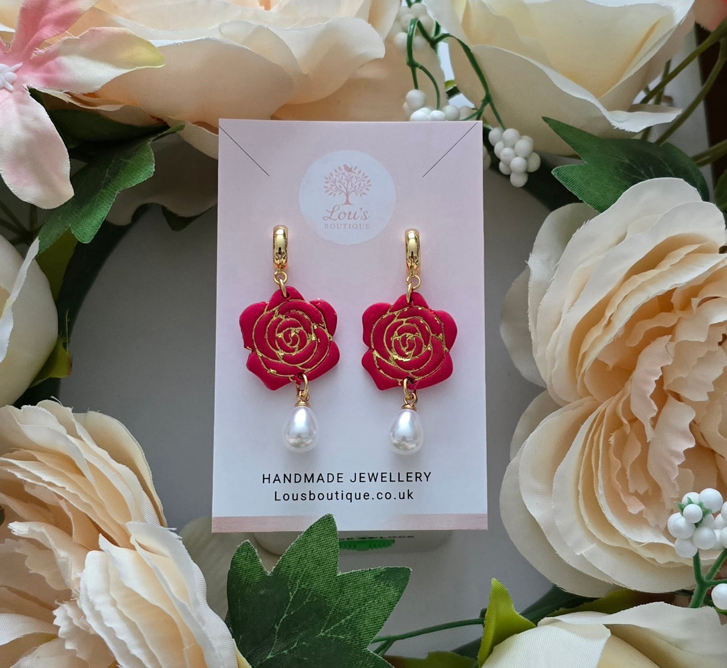Handmade mothers day Polymer Clay Earrings, 18k Gold Plated, Hearts, Bows, rose, love