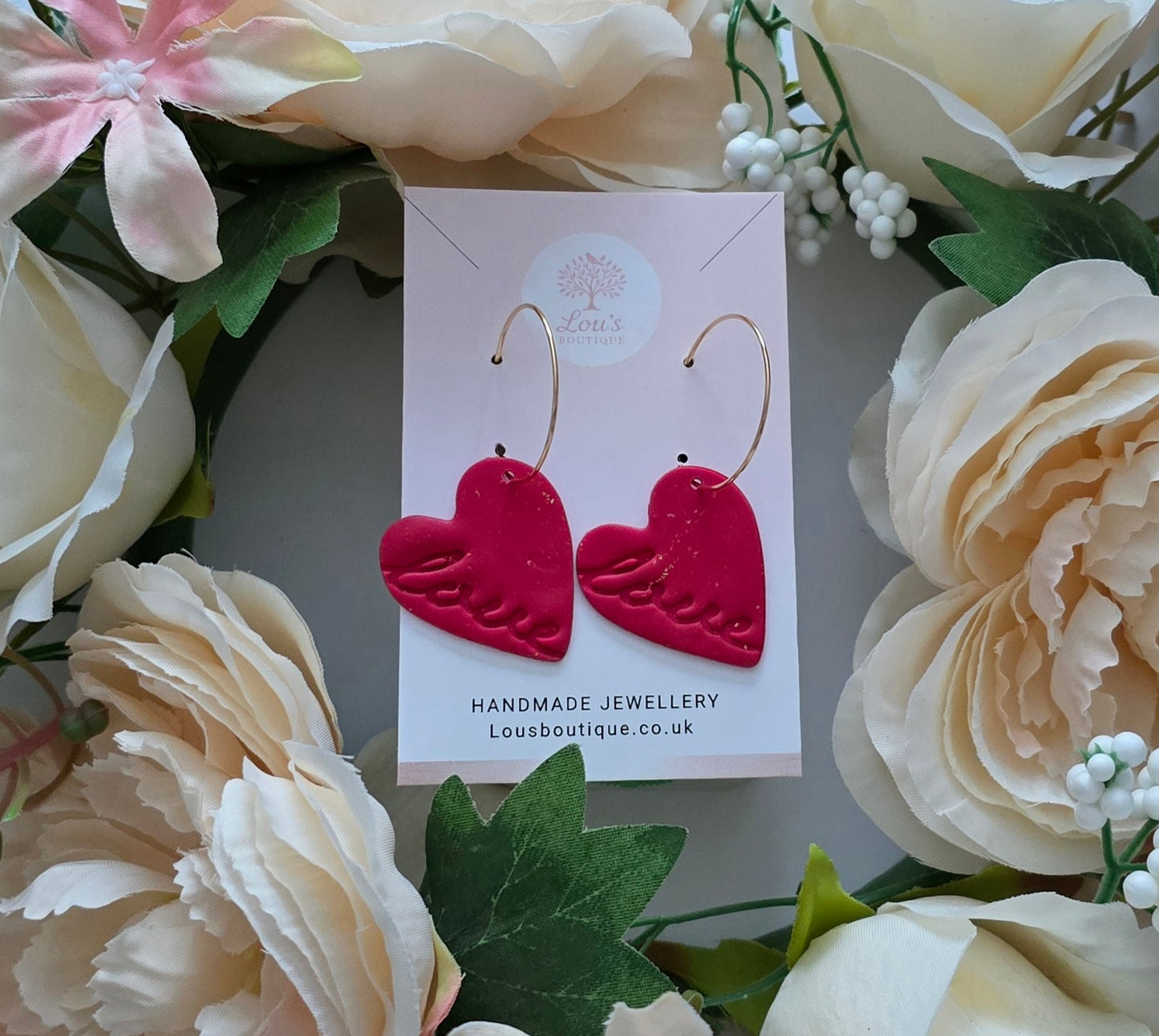 Handmade mothers day Polymer Clay Earrings, 18k Gold Plated, Hearts, Bows, rose, love