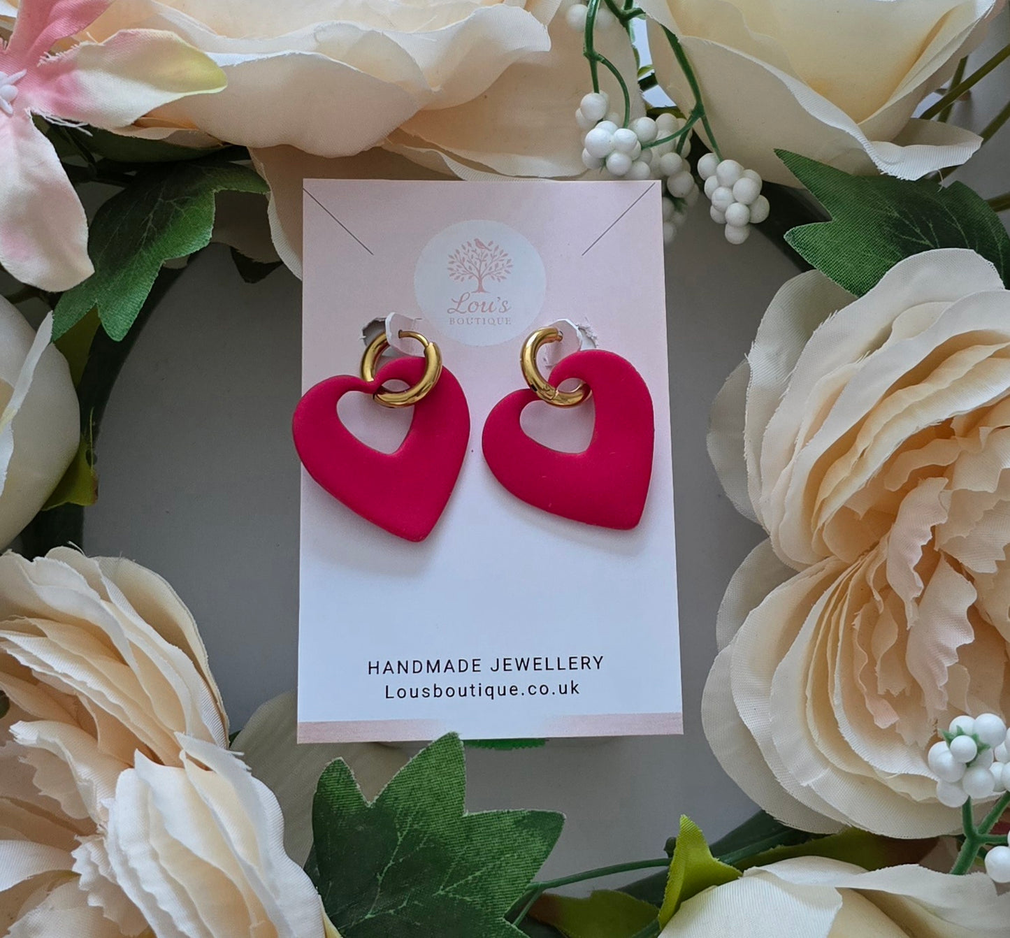 Handmade mothers day Polymer Clay Earrings, 18k Gold Plated, Hearts, Bows, rose, love