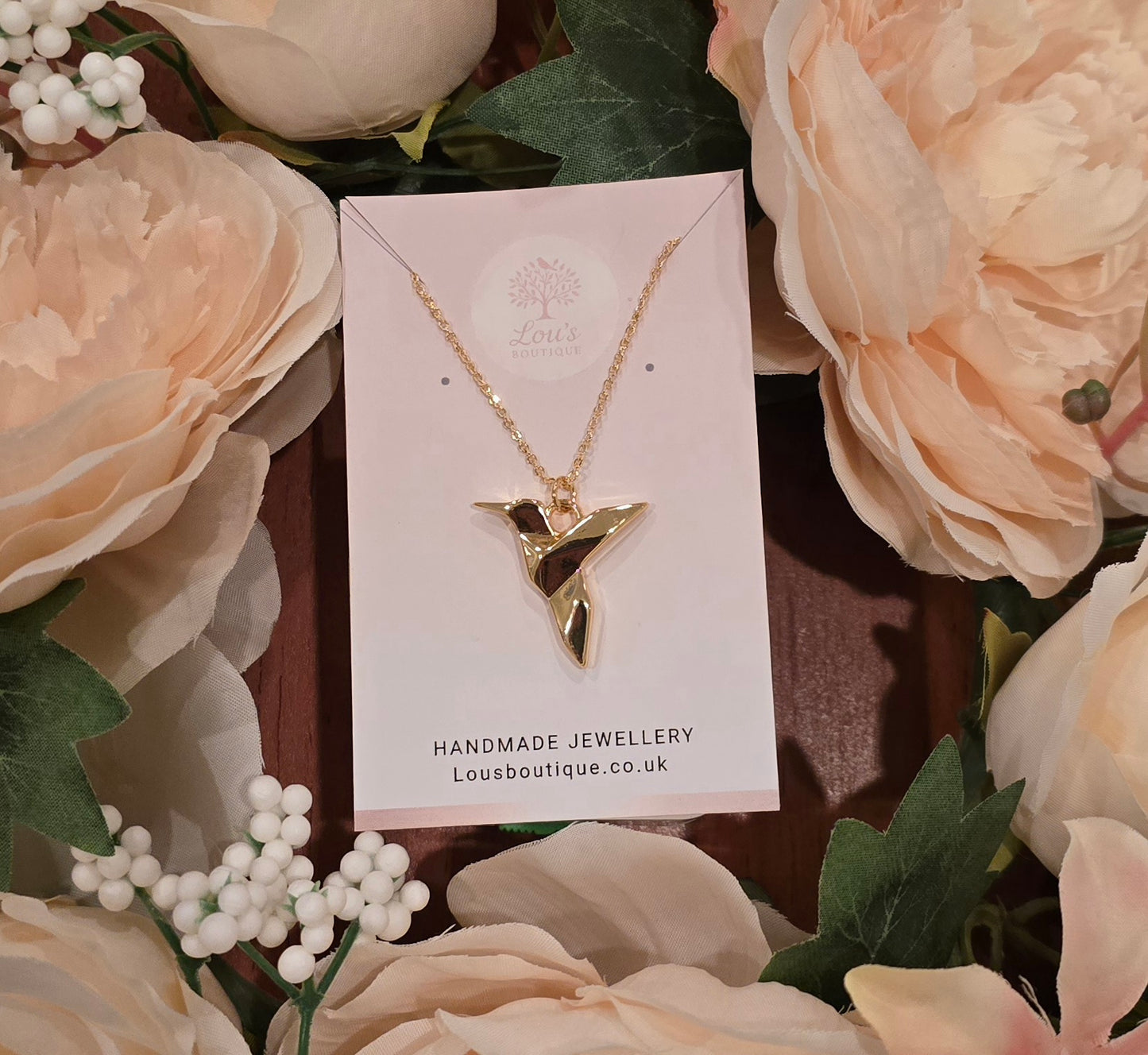 Handmade geometric hummingbird necklace, nature, animal, bird, Gold plated