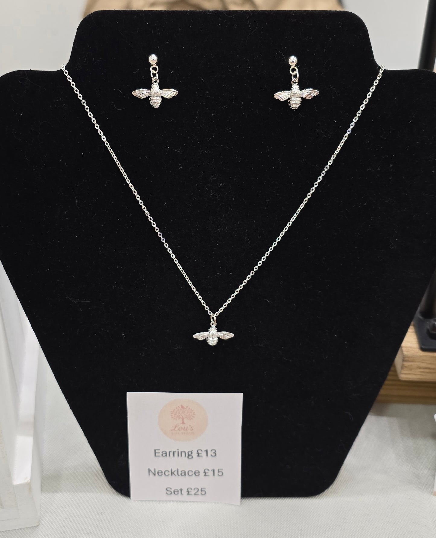 Handmade whimsical boho bee earrings and necklace set, nature, animal, Silver plated