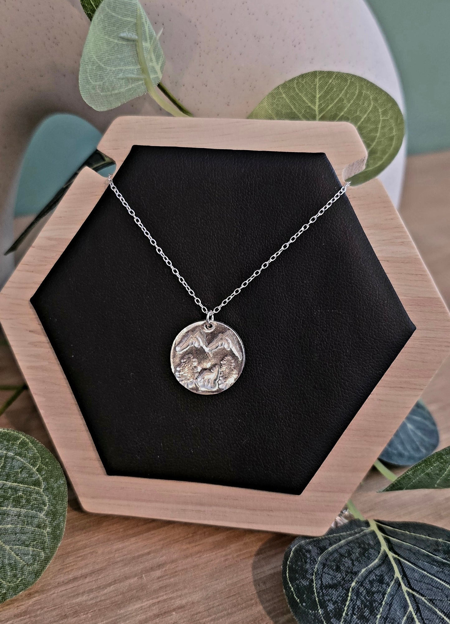 Handmade Solid Sterling Silver Mountain Scene Circle Necklace, 18inches, floral jewellery