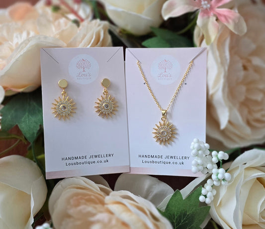 Handmade 18k gold whimsical star sun earrings and necklace set, nature, Gold plated