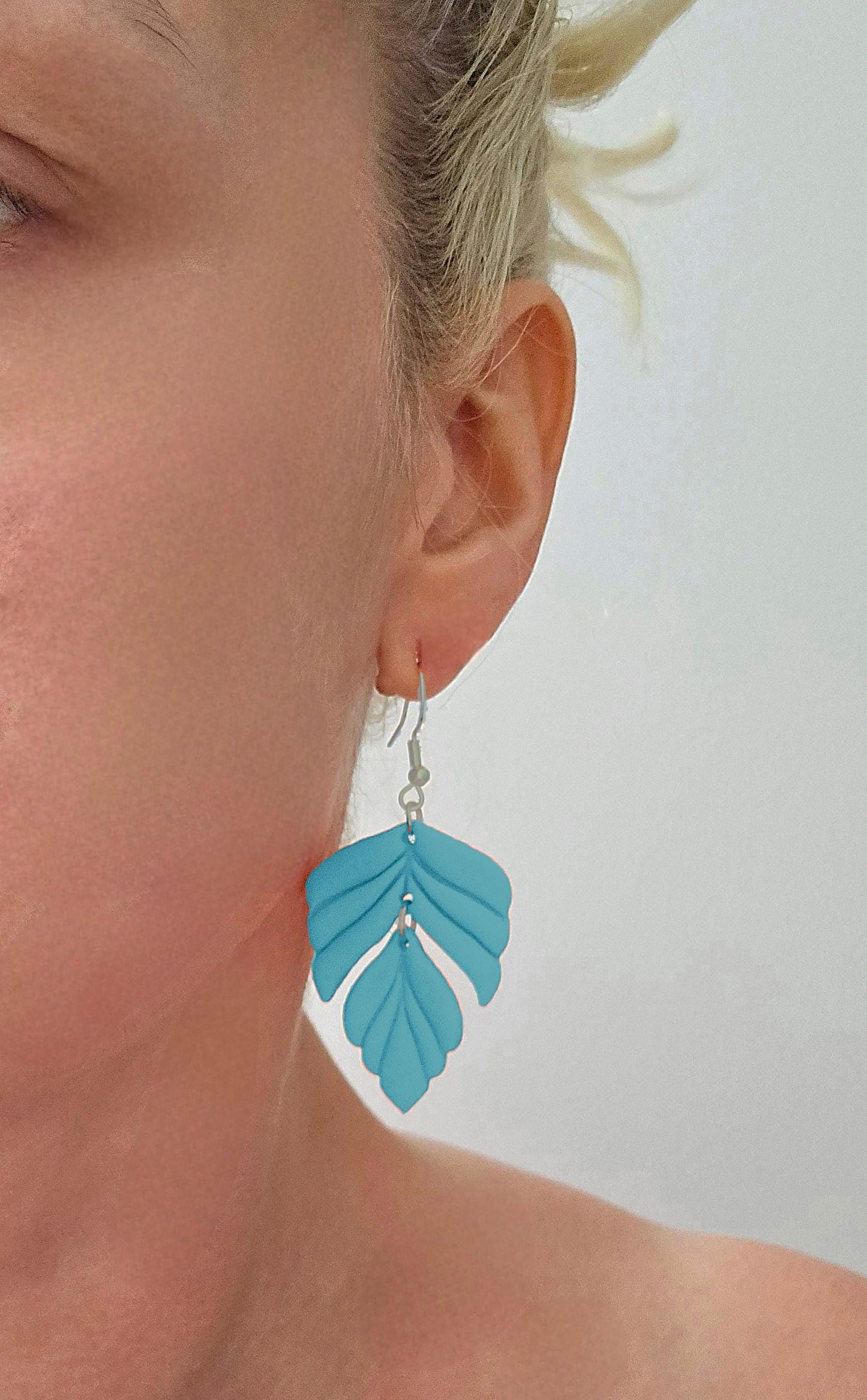 Handmade Sterling Silver Light blue leaf dangle drop earrings |Polymer clay earrings | summer statement earrings  | light weight earrings