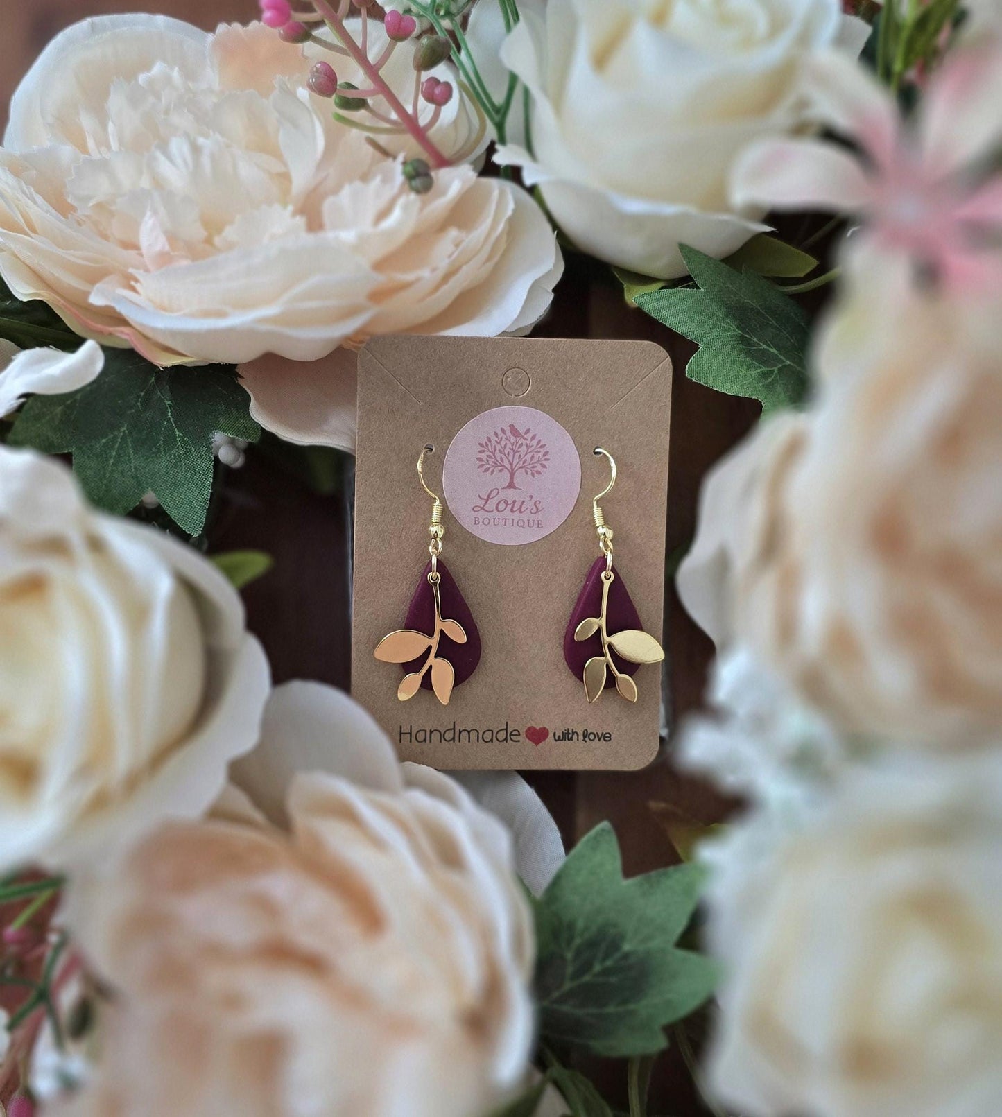 Handmade Gold teardrop & leaf drop earrings coral |Polymer clay earrings | summer statement earrings | gift for her | light weight earrings