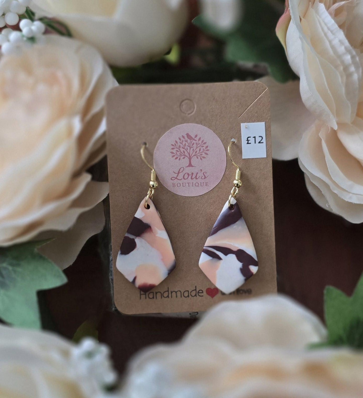 Handmade gold peach, purple, white marble effect drop earrings |Polymer clay |summer statement earrings |gift for her |light weight earrings
