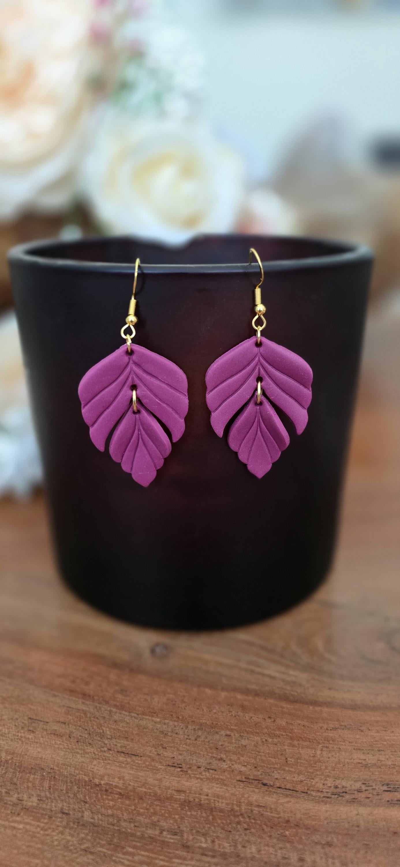 Handmade Gold Purple Leaf dangle drop earrings |Polymer clay earrings | summer statement earrings | gift for her | light weight earrings