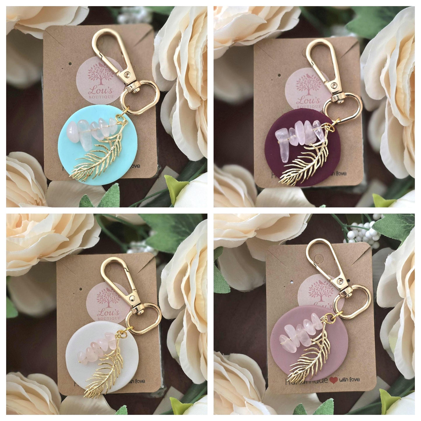 Handmade circle rose quartz & gold feather bag charm, keyring |Polymer clay |summer statement charms |gift for her | dream catcher charm