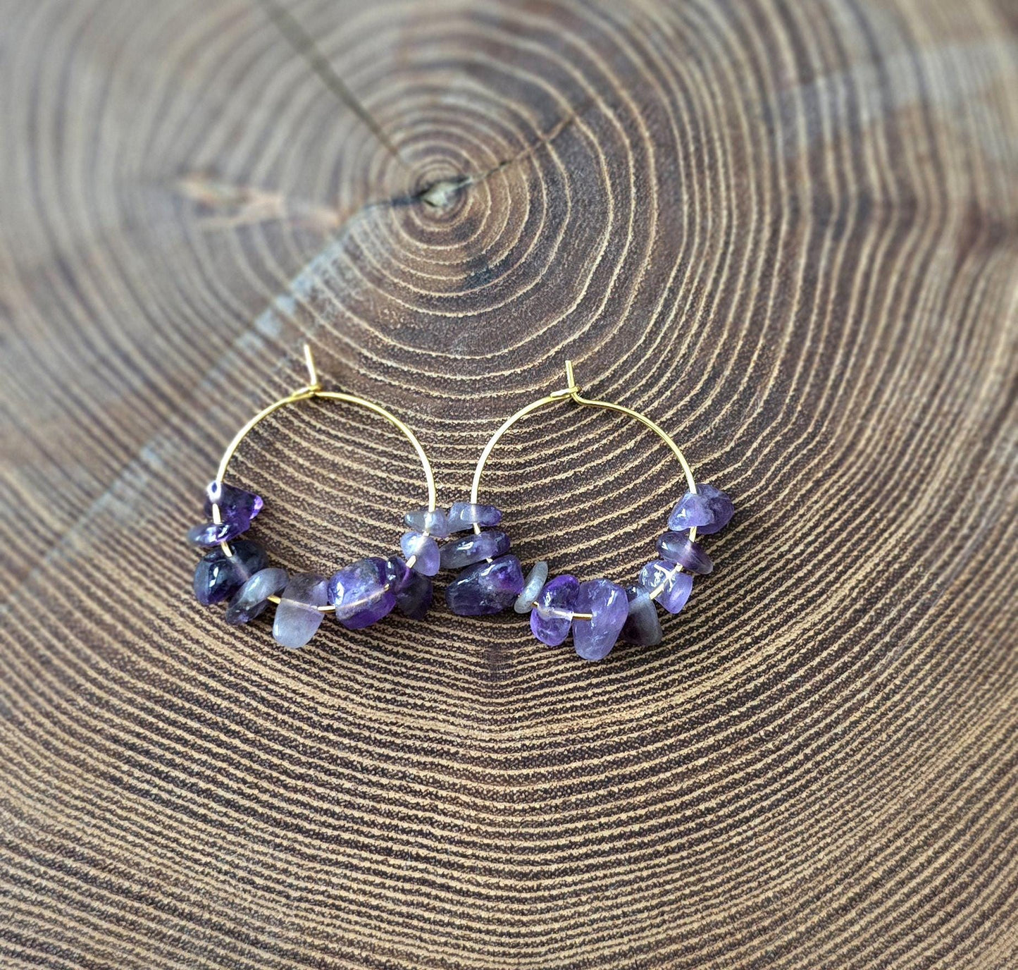 Handmade genuine Amethyst hoop earrings | gold or silver | powerful healing crystal earrings | stress, anxiety