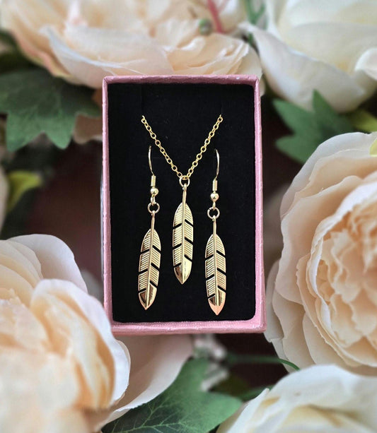 Handmade 14k gold whimsical boho feather earrings and necklace set | summer statement set | light weight earrings | gift for her | nature