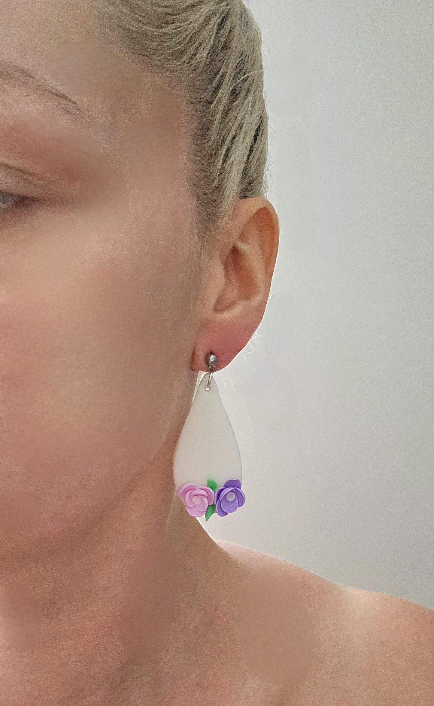 Handmade sterling silver teardrop flower floral earrings |Polymer clay earrings | summer statement earrings | light weight earrings