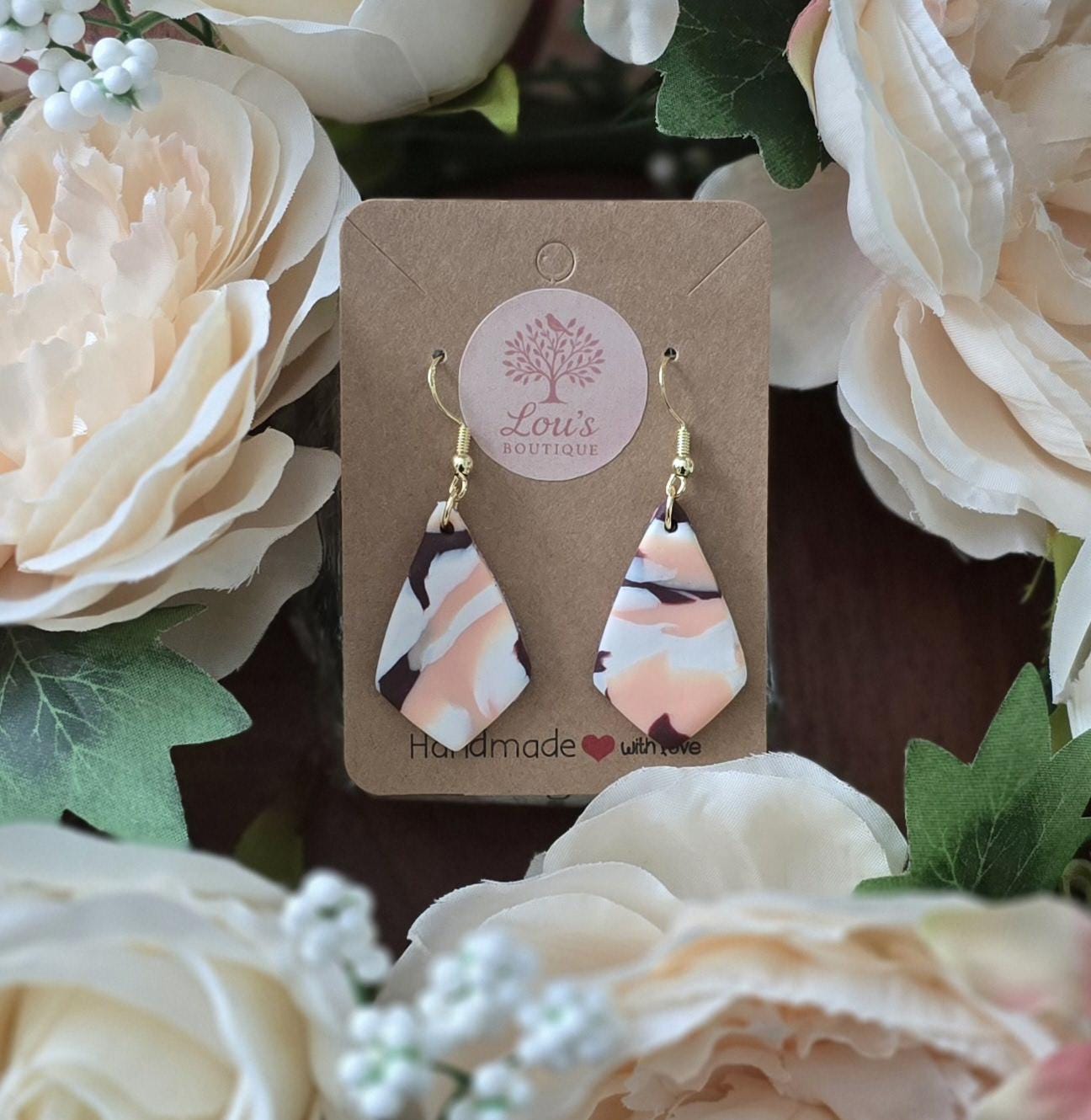 Handmade gold peach, purple, white marble effect drop earrings |Polymer clay |summer statement earrings |gift for her |light weight earrings
