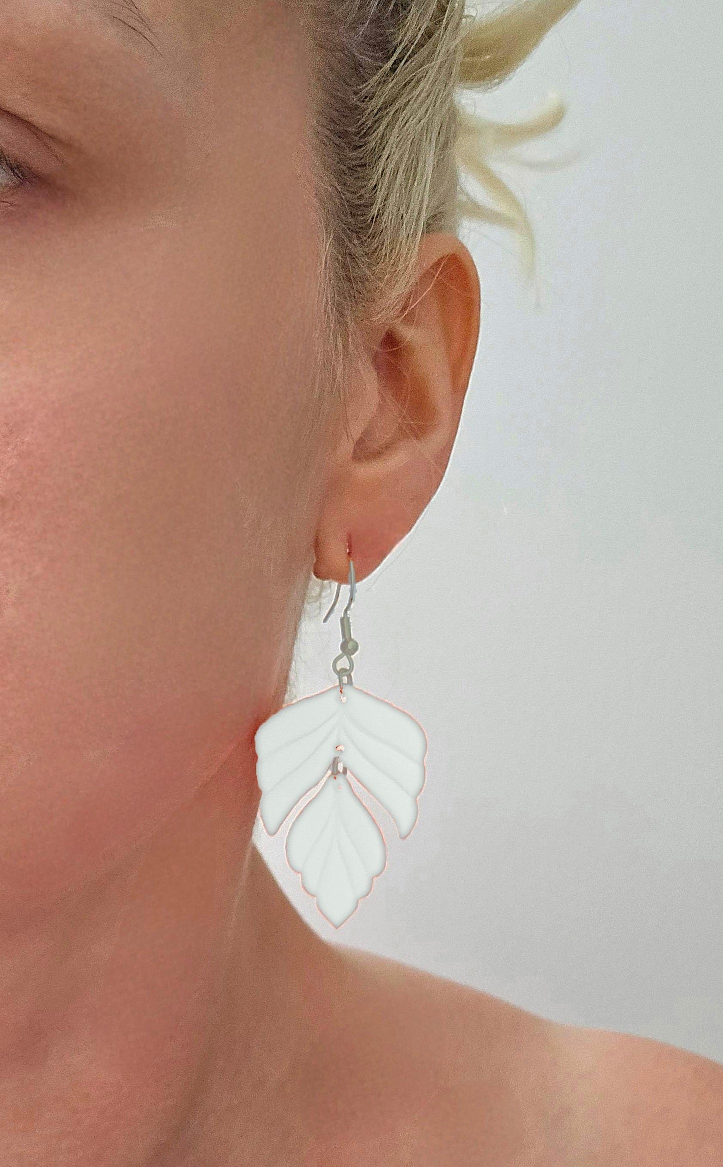 Handmade Sterling Silver White Leaf dangle drop earrings |Polymer clay earrings | summer statement earrings | light weight earrings