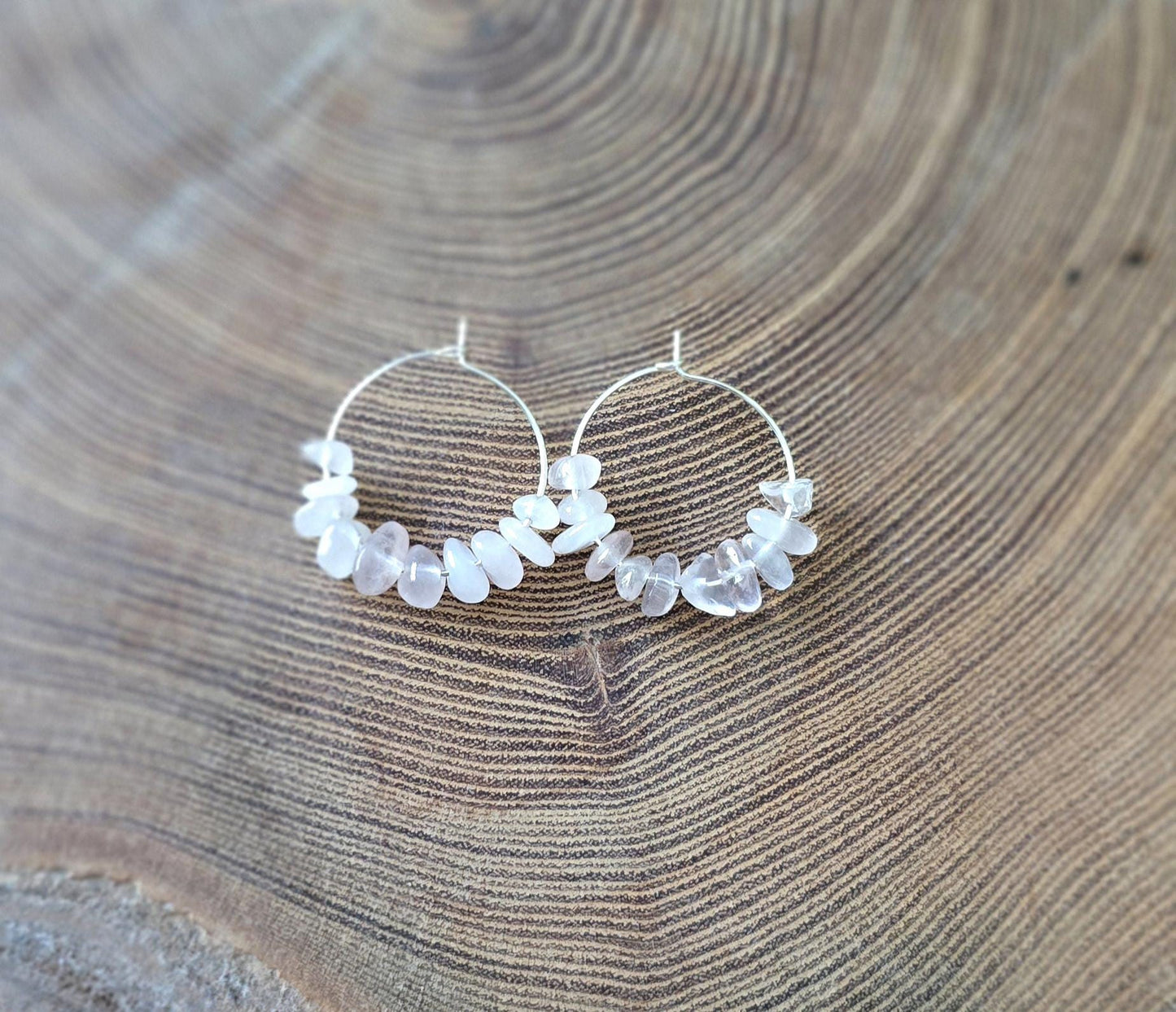 Handmade genuine rose quartz pink hoop earrings | gold or silver | powerful healing crystal earrings | self love, emotional healing