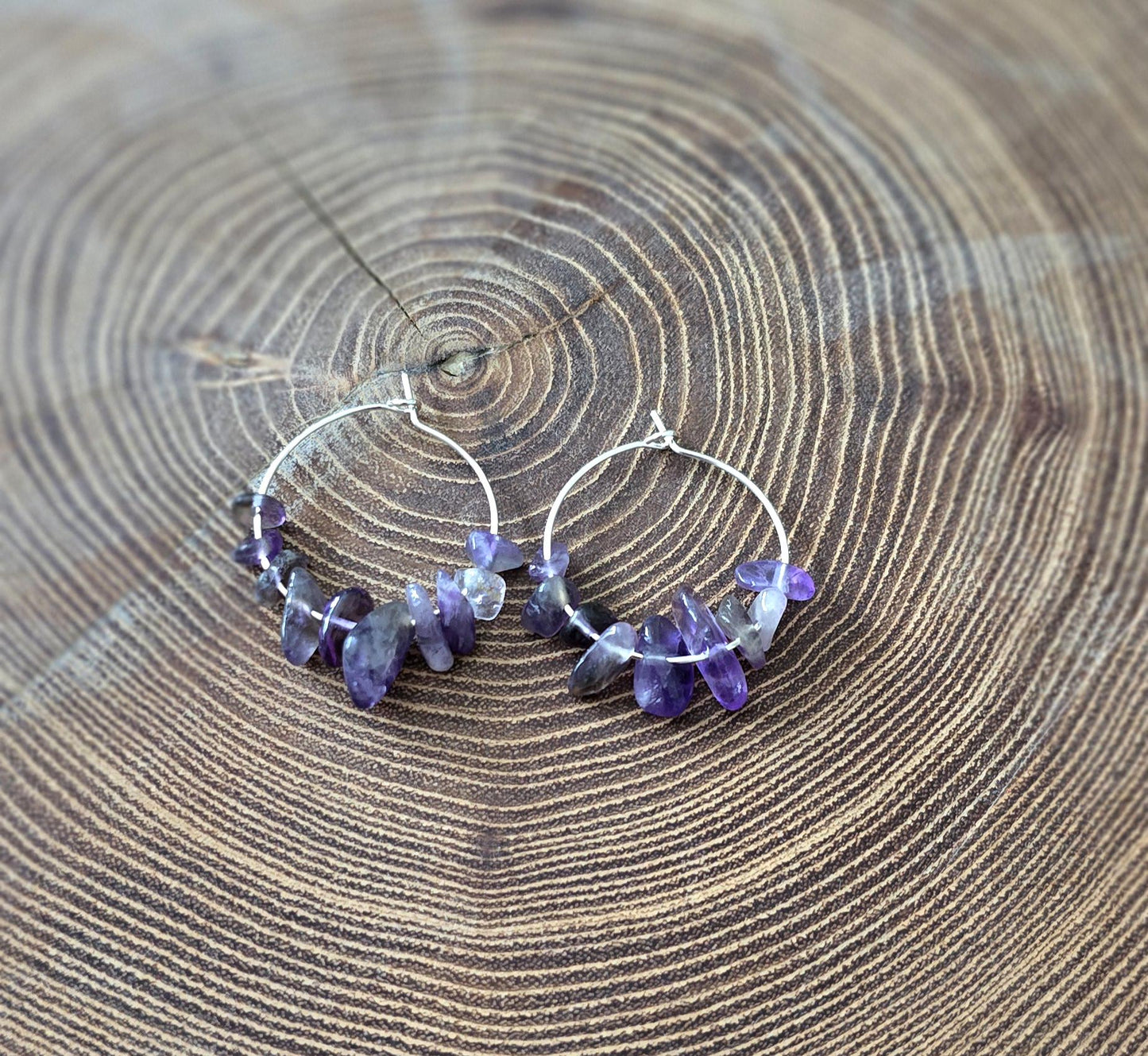 Handmade genuine Amethyst hoop earrings | gold or silver | powerful healing crystal earrings | stress, anxiety