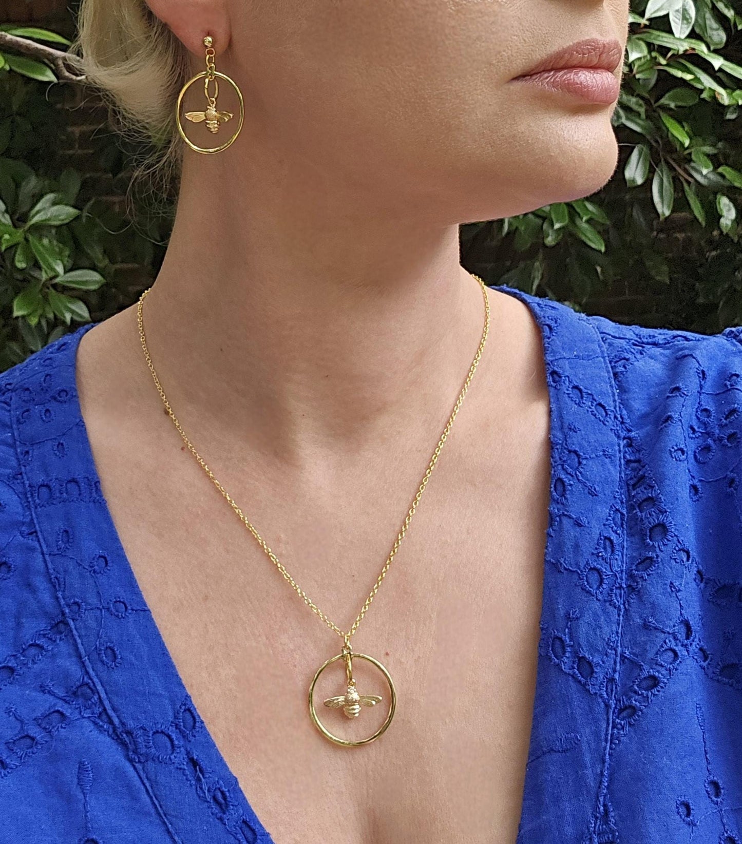 Handmade 14k gold Bee in circle earrings and/or necklace | summer statement set | light weight earrings | gift for her | nature animal boho