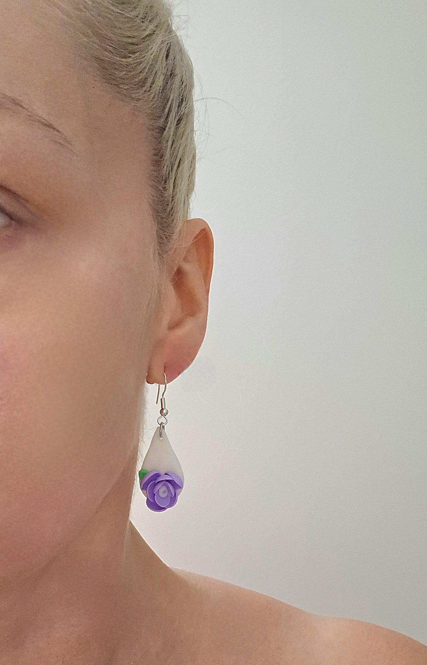 Handmade sterling silver purple flower floral drop earrings |Polymer clay earrings | summer statement earrings ||light weight earrings