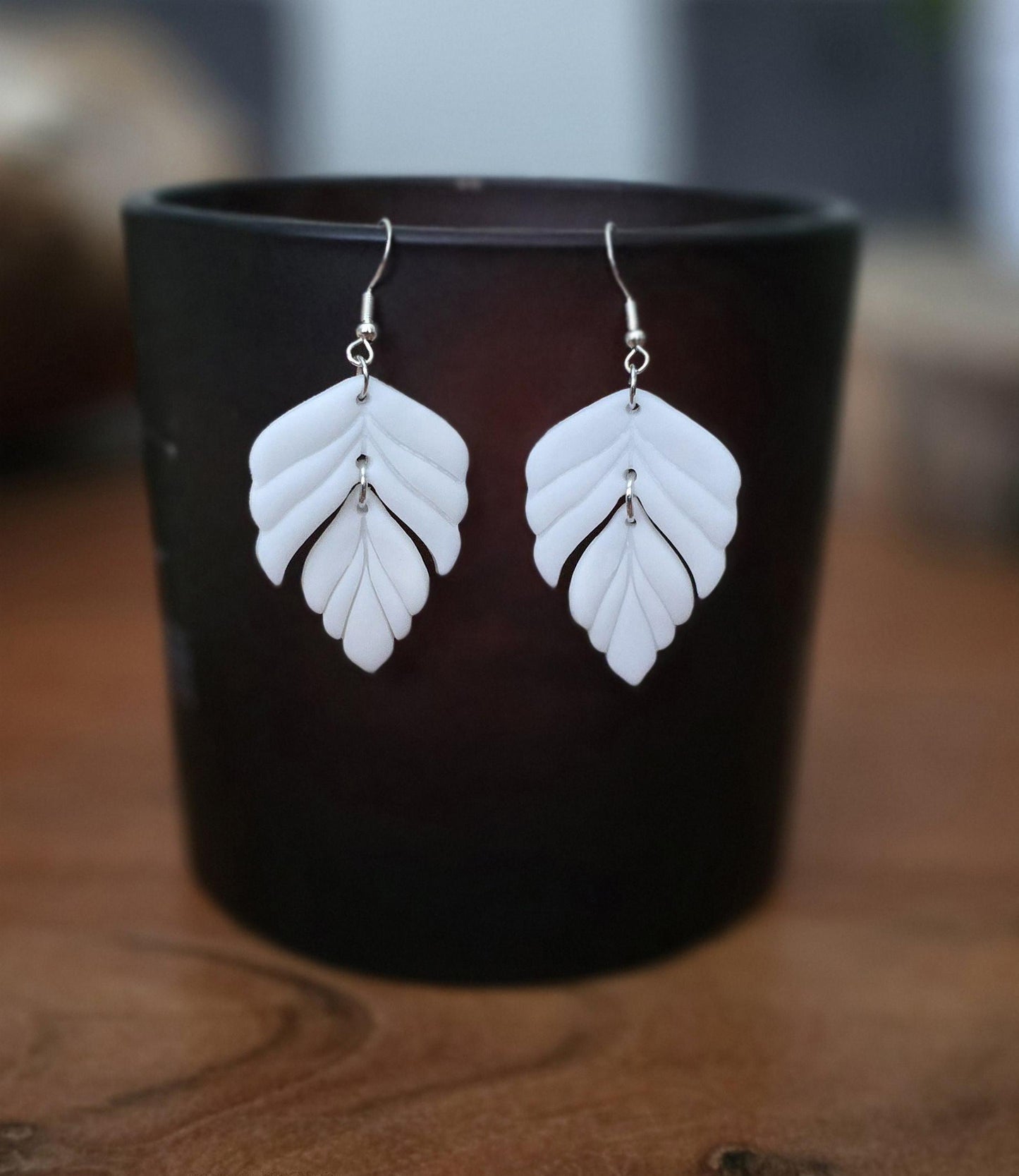 Handmade Sterling Silver White Leaf dangle drop earrings |Polymer clay earrings | summer statement earrings | light weight earrings