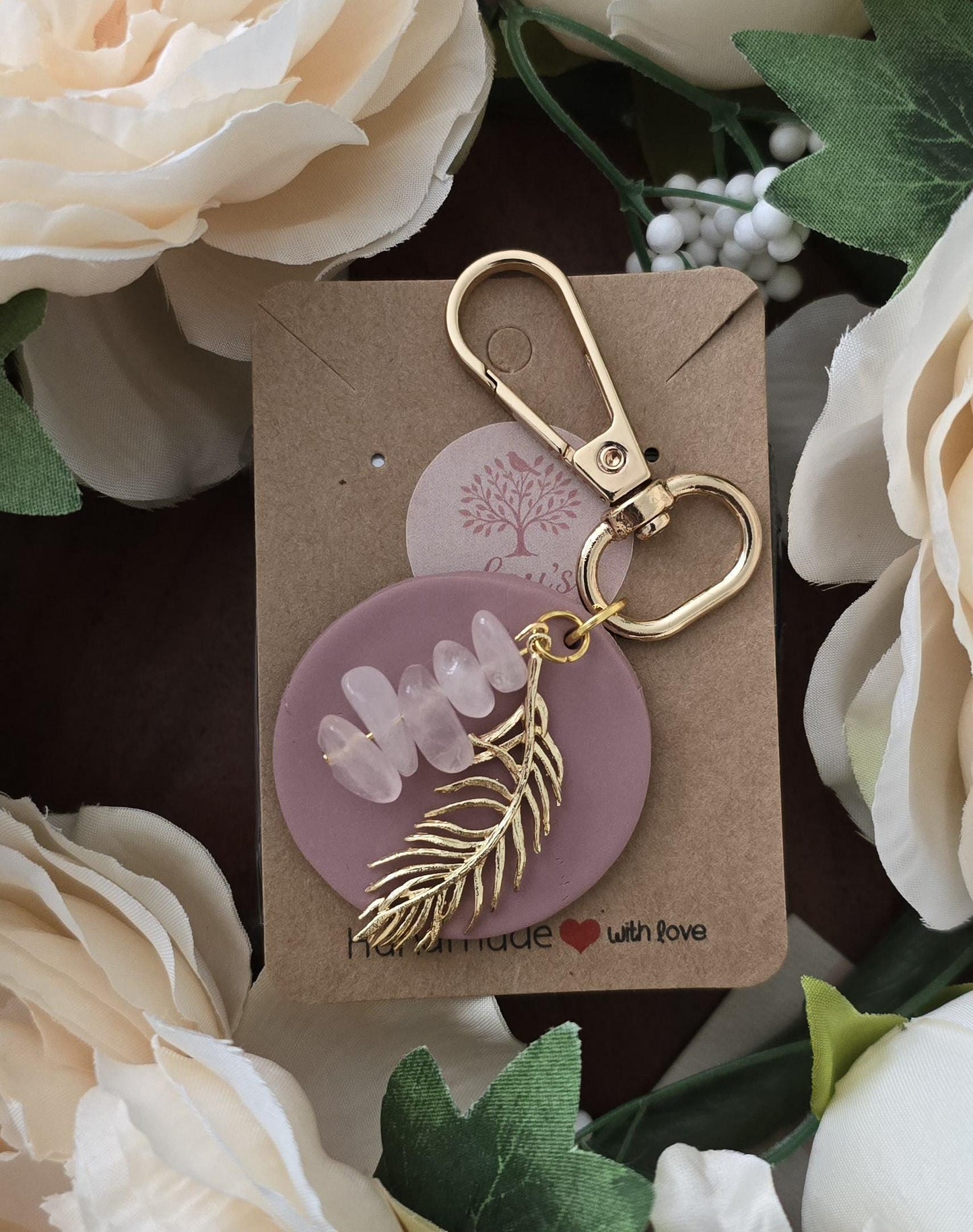 Handmade circle rose quartz & gold feather bag charm, keyring |Polymer clay |summer statement charms |gift for her | dream catcher charm
