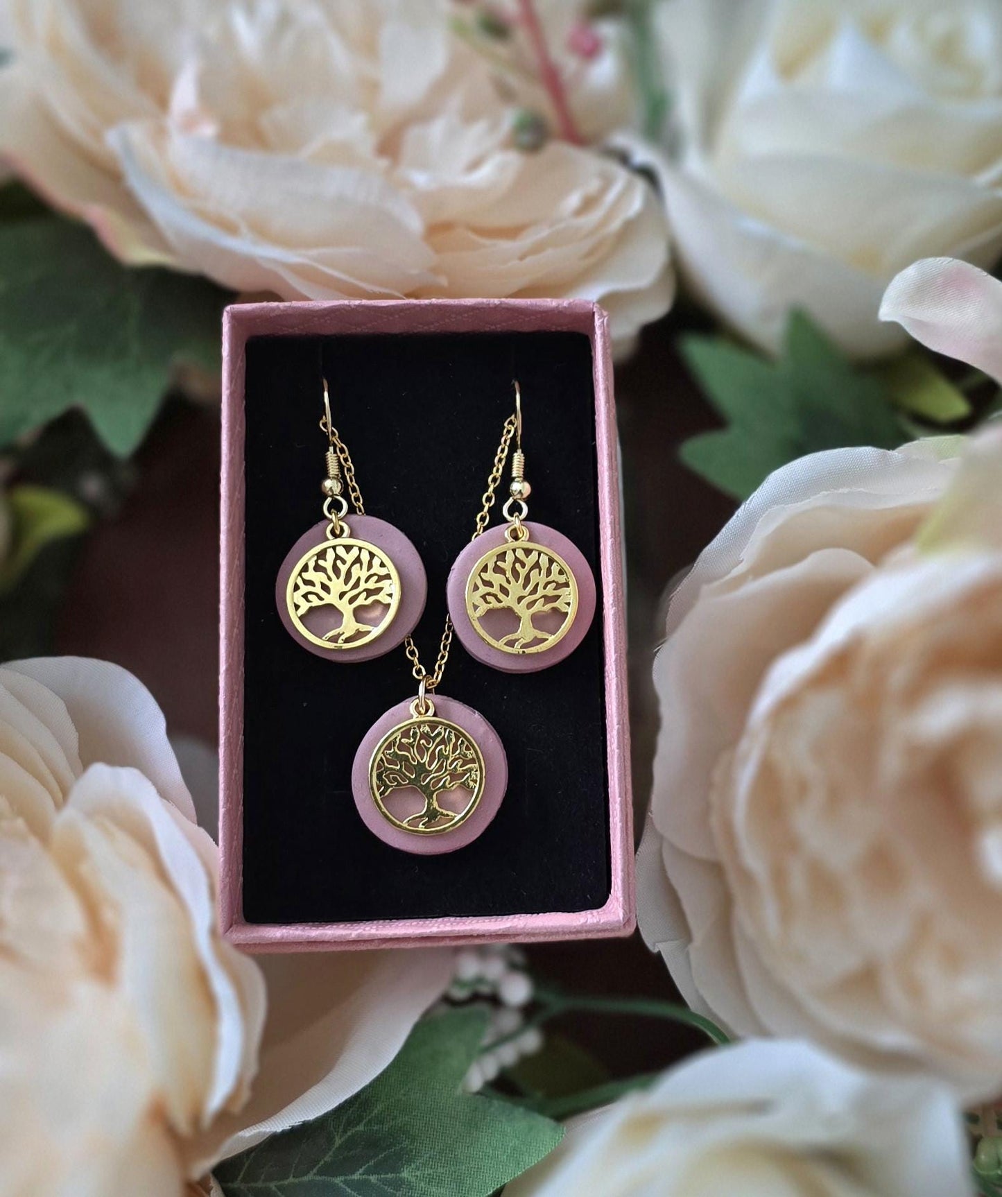 Handmade 14k gold Tree dangle drop earrings & necklace set blue, coral, pink |Polymer clay | summer statement | gift for her | light weight