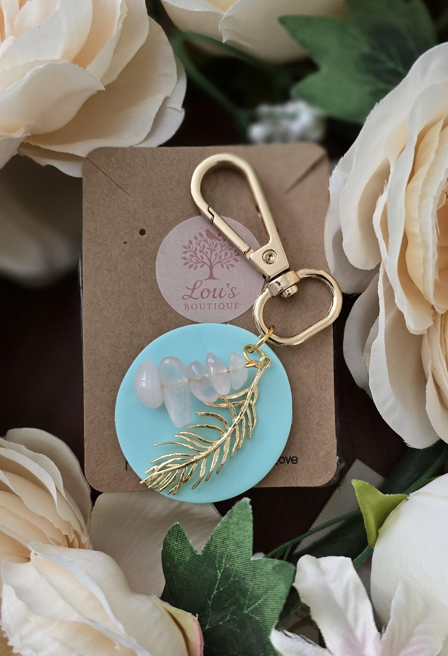 Handmade circle rose quartz & gold feather bag charm, keyring |Polymer clay |summer statement charms |gift for her | dream catcher charm