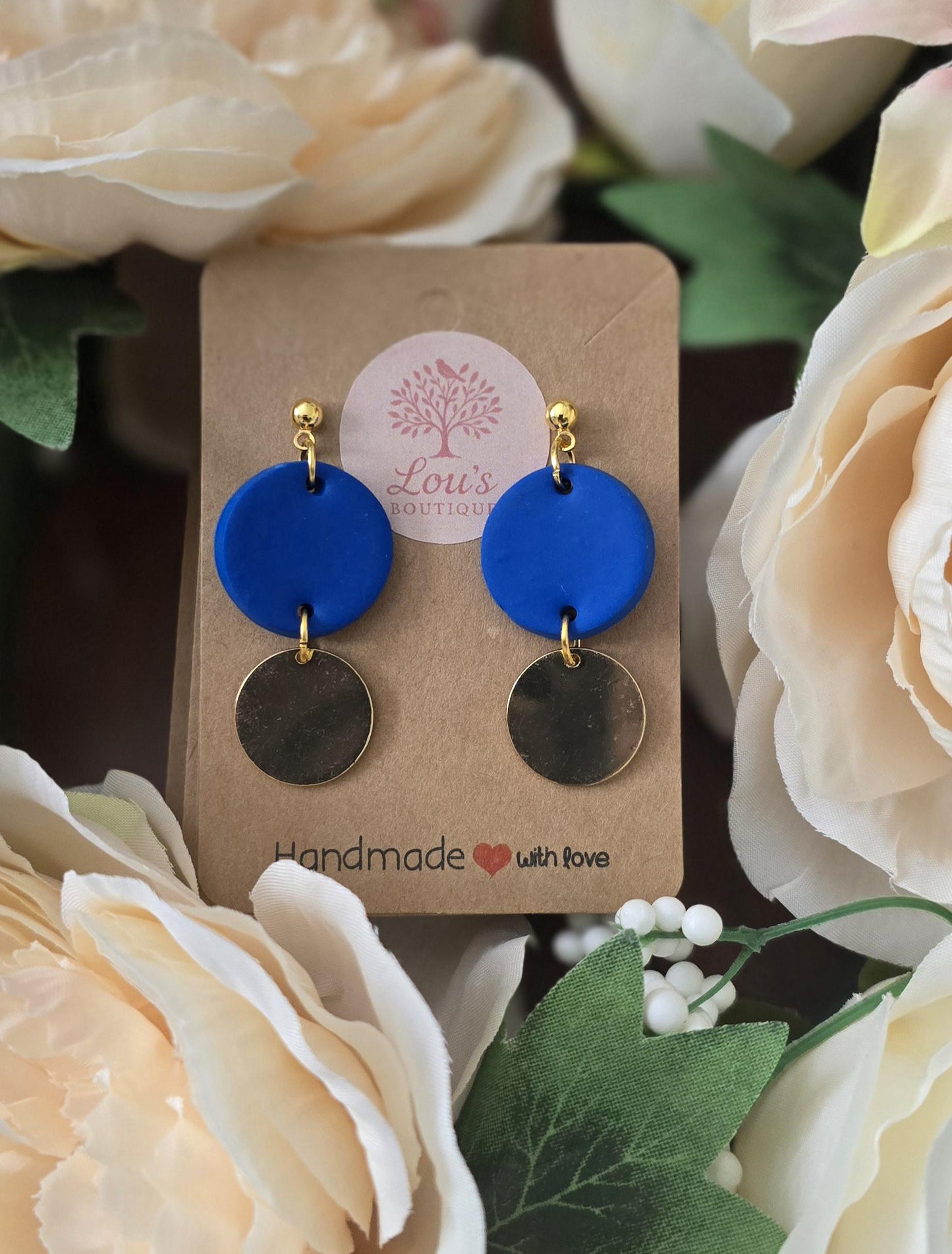 Handmade pink or blue circle clay & gold drop earrings |Polymer clay earrings |summer statement earrings |gift for her |light weight earings