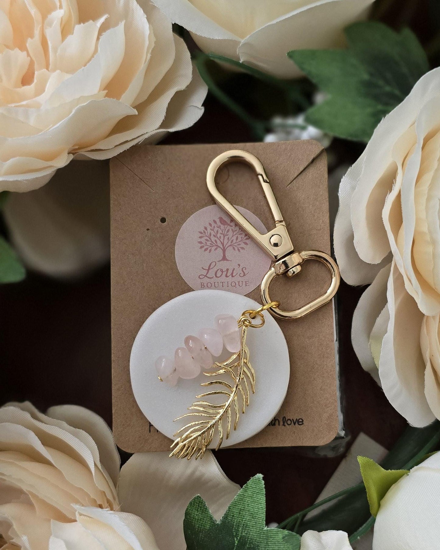 Handmade circle rose quartz & gold feather bag charm, keyring |Polymer clay |summer statement charms |gift for her | dream catcher charm