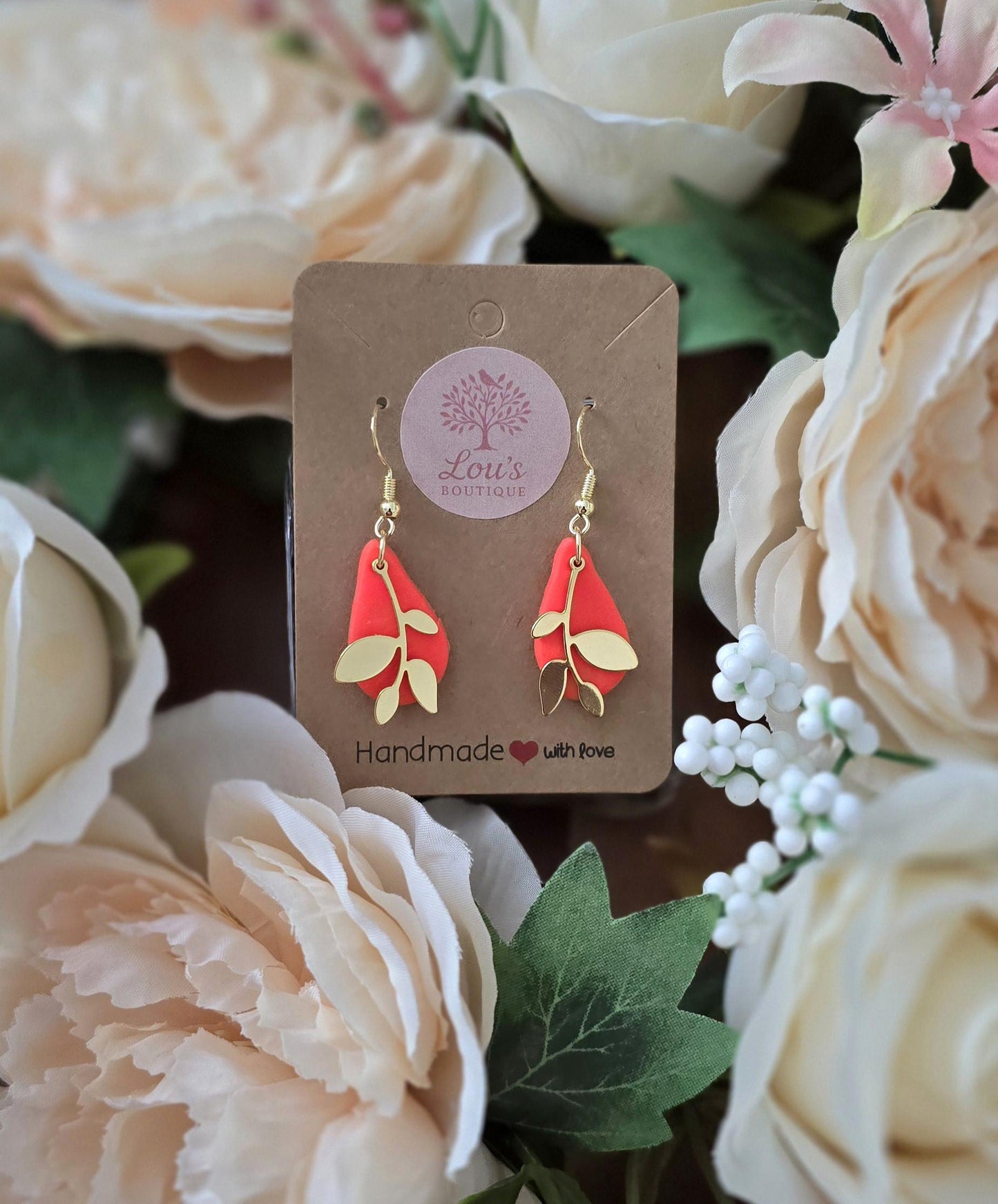 Handmade Gold teardrop & leaf drop earrings coral |Polymer clay earrings | summer statement earrings | gift for her | light weight earrings