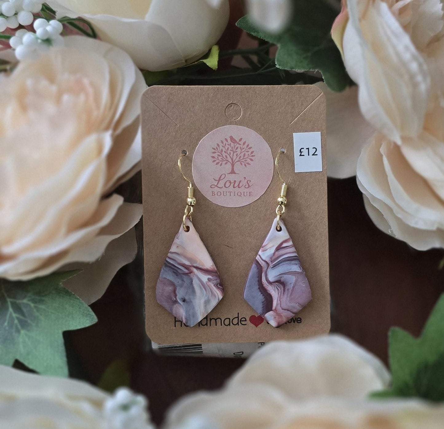 Handmade gold peach, purple, white marble effect drop earrings |Polymer clay |summer statement earrings |gift for her |light weight earrings