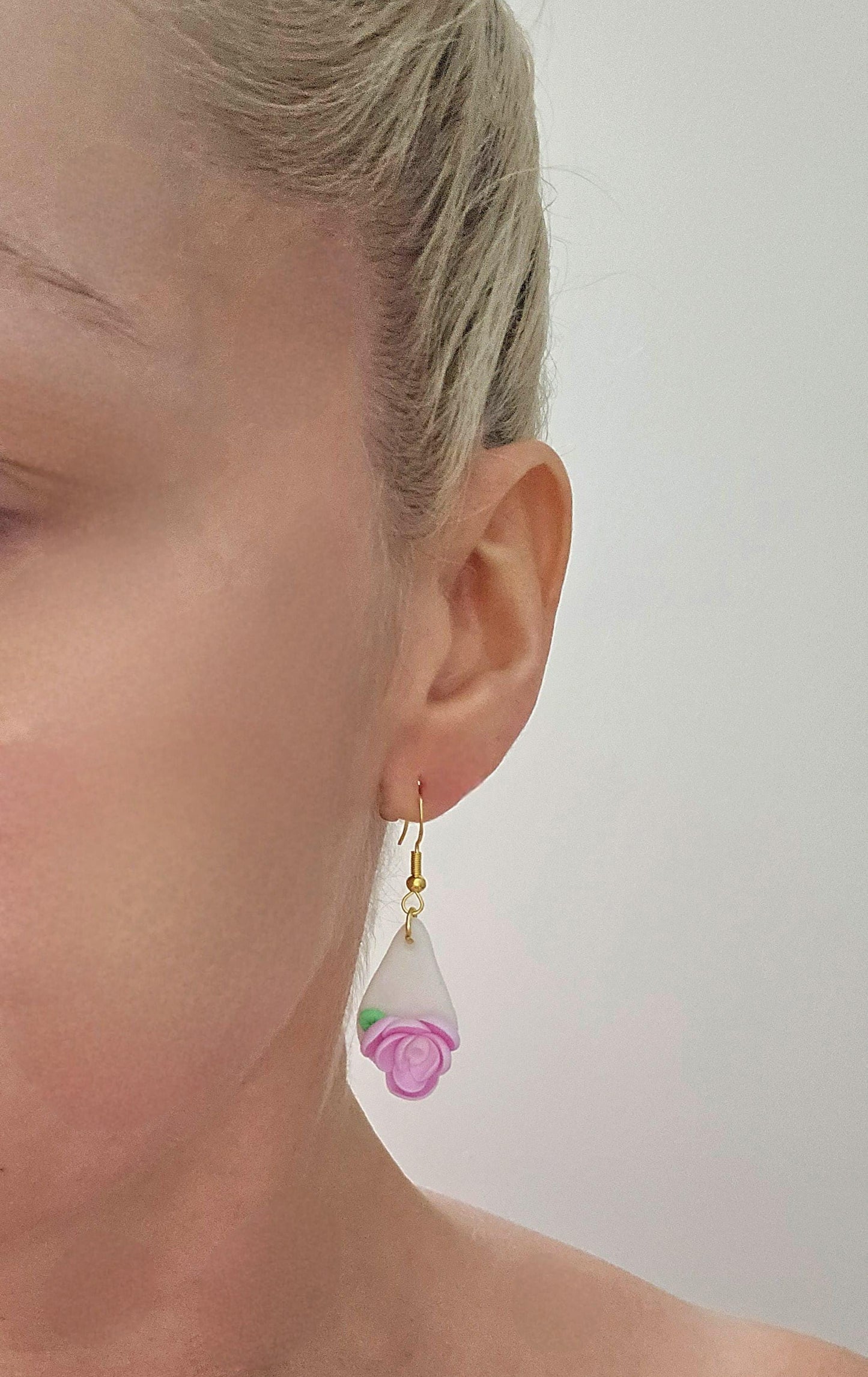 Handmade Gold pink flower drop earrings |Polymer clay earrings | summer statement earrings | gift for her | light weight earrings