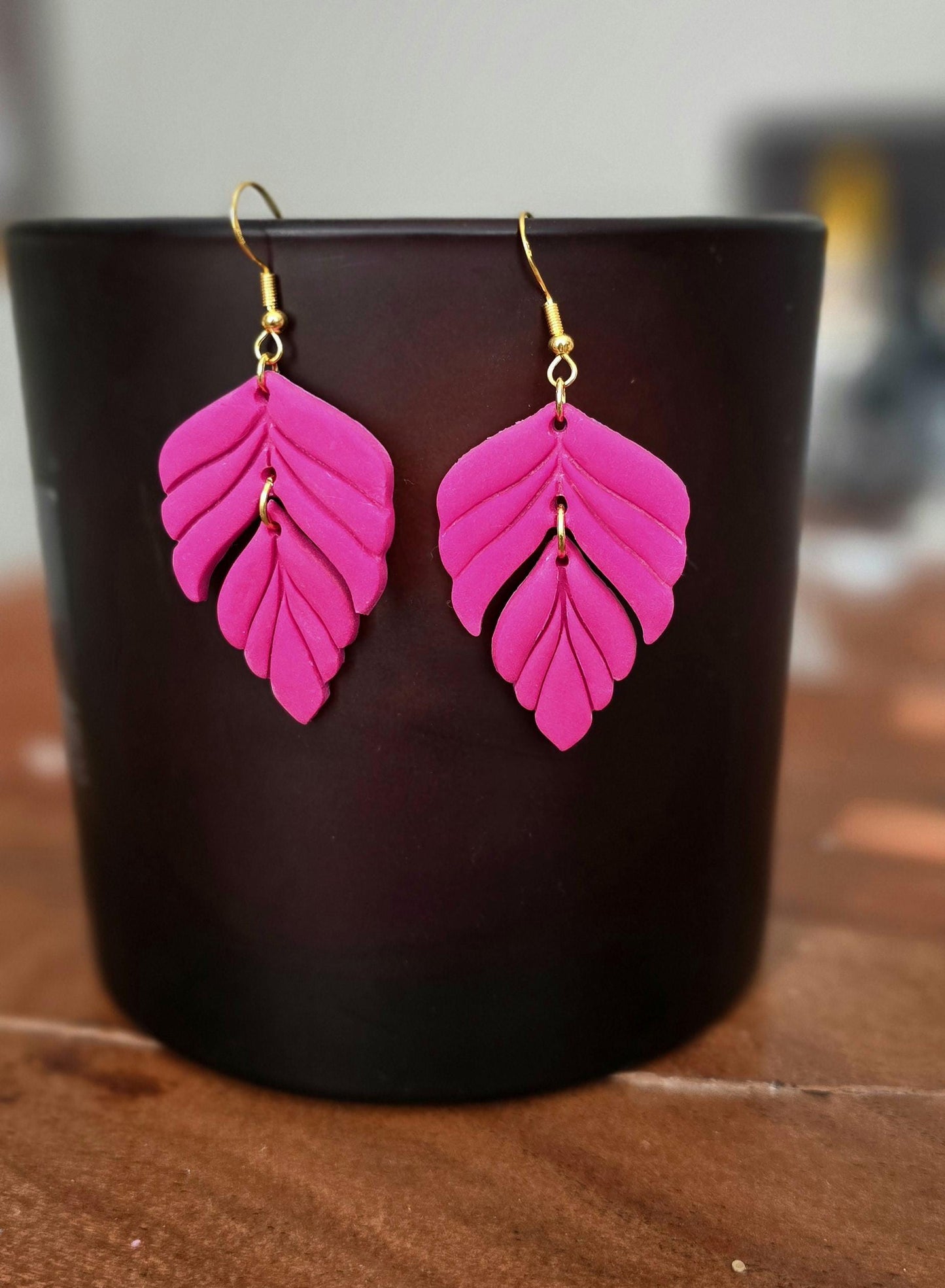 Handmade Gold Fuschia pink Leaf dangle drop earrings |Polymer clay earrings | summer statement earrings |gift for her |light weight earrings