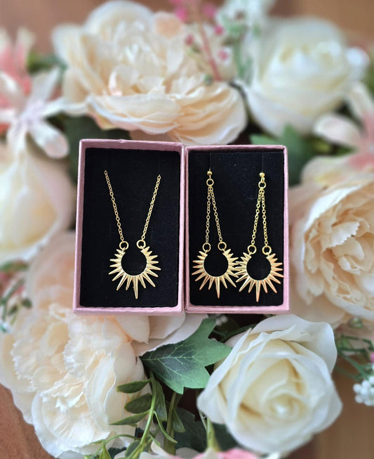 Handmade 14k gold star burst sun earrings and/or necklace | summer statement set | light weight earrings | gift for her | whimsical boho