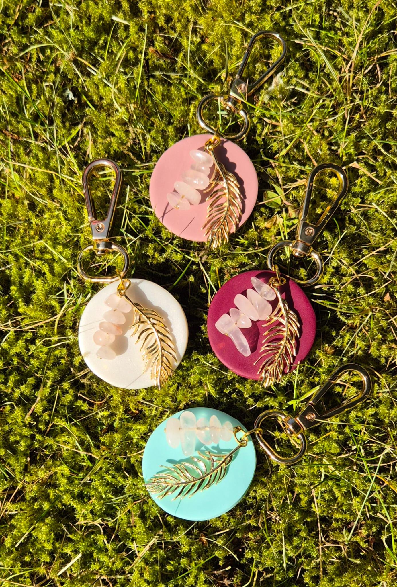 Handmade circle rose quartz & gold feather bag charm, keyring |Polymer clay |summer statement charms |gift for her | dream catcher charm