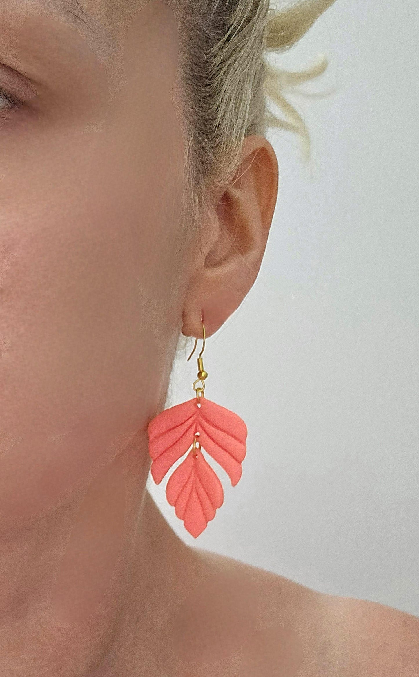 Handmade Gold Coral Leaf dangle drop earrings |Polymer clay earrings | summer statement earrings | gift for her | light weight earrings