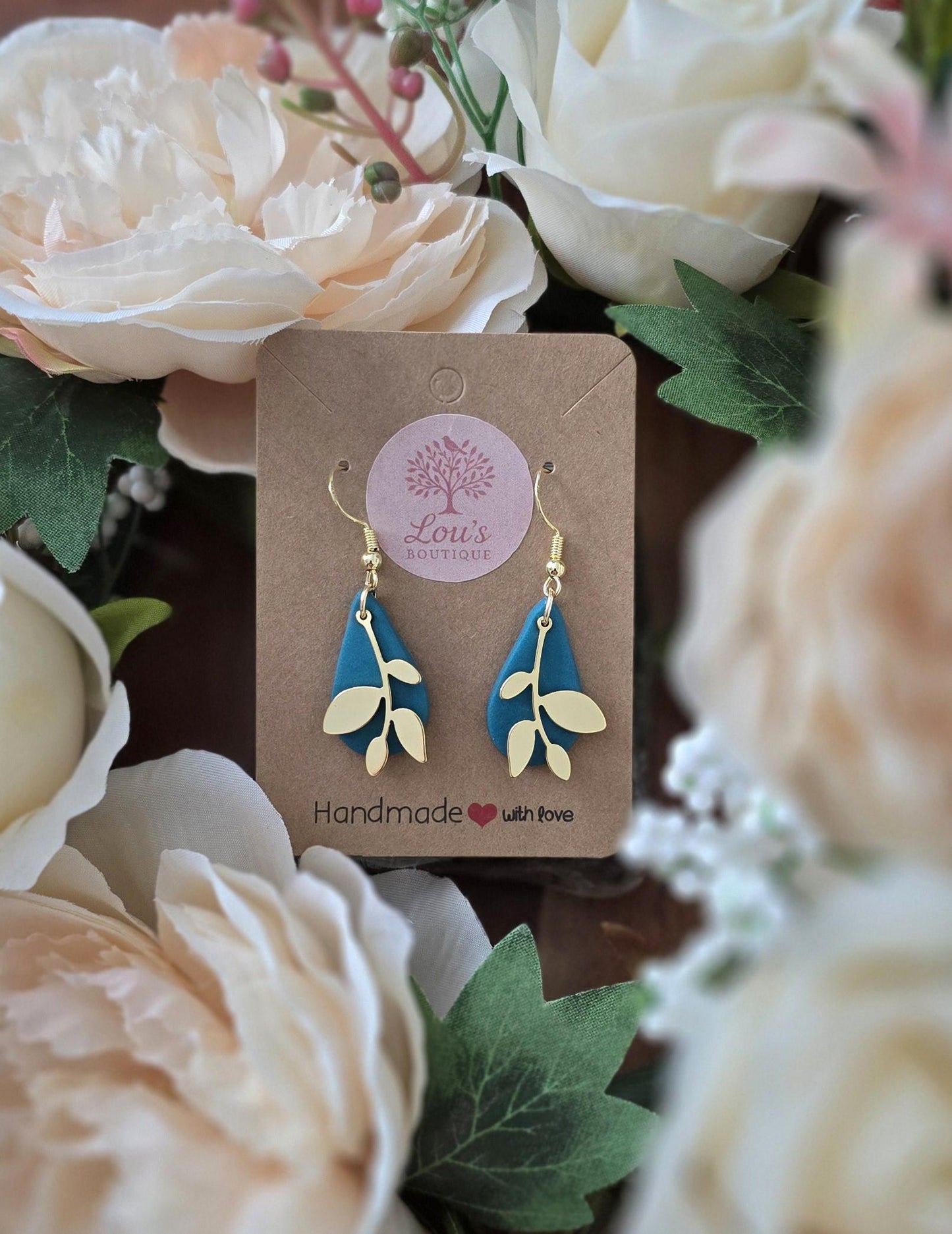 Handmade Gold teardrop & leaf drop earrings coral |Polymer clay earrings | summer statement earrings | gift for her | light weight earrings