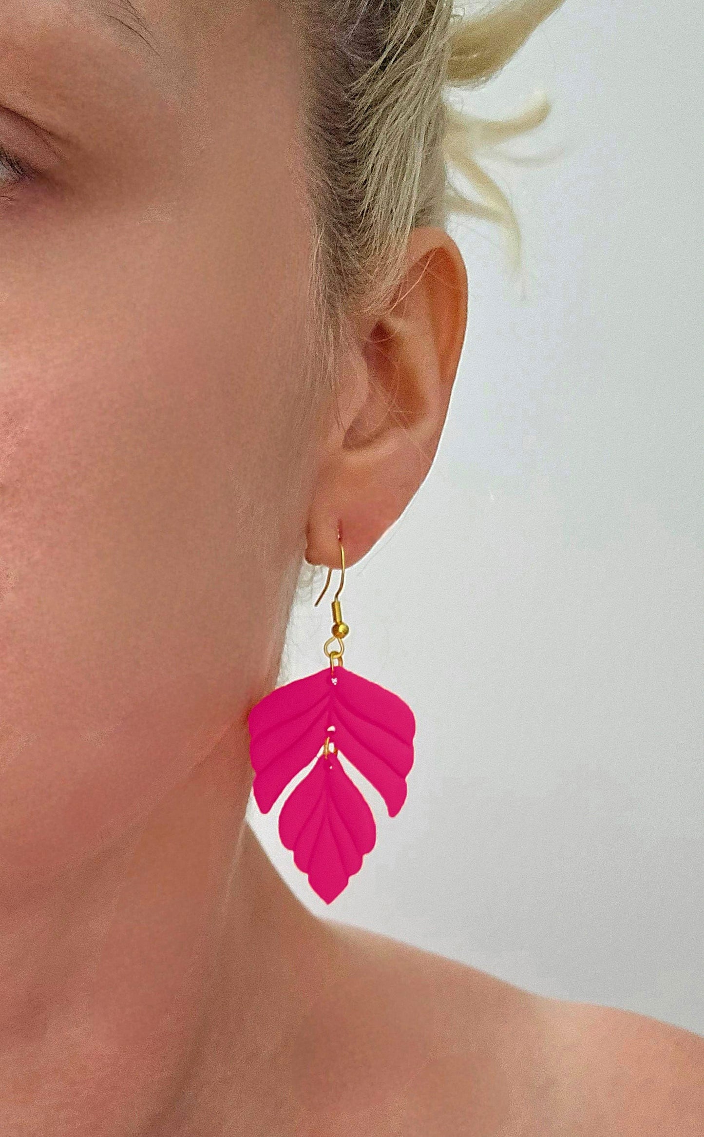 Handmade Gold Fuschia pink Leaf dangle drop earrings |Polymer clay earrings | summer statement earrings |gift for her |light weight earrings