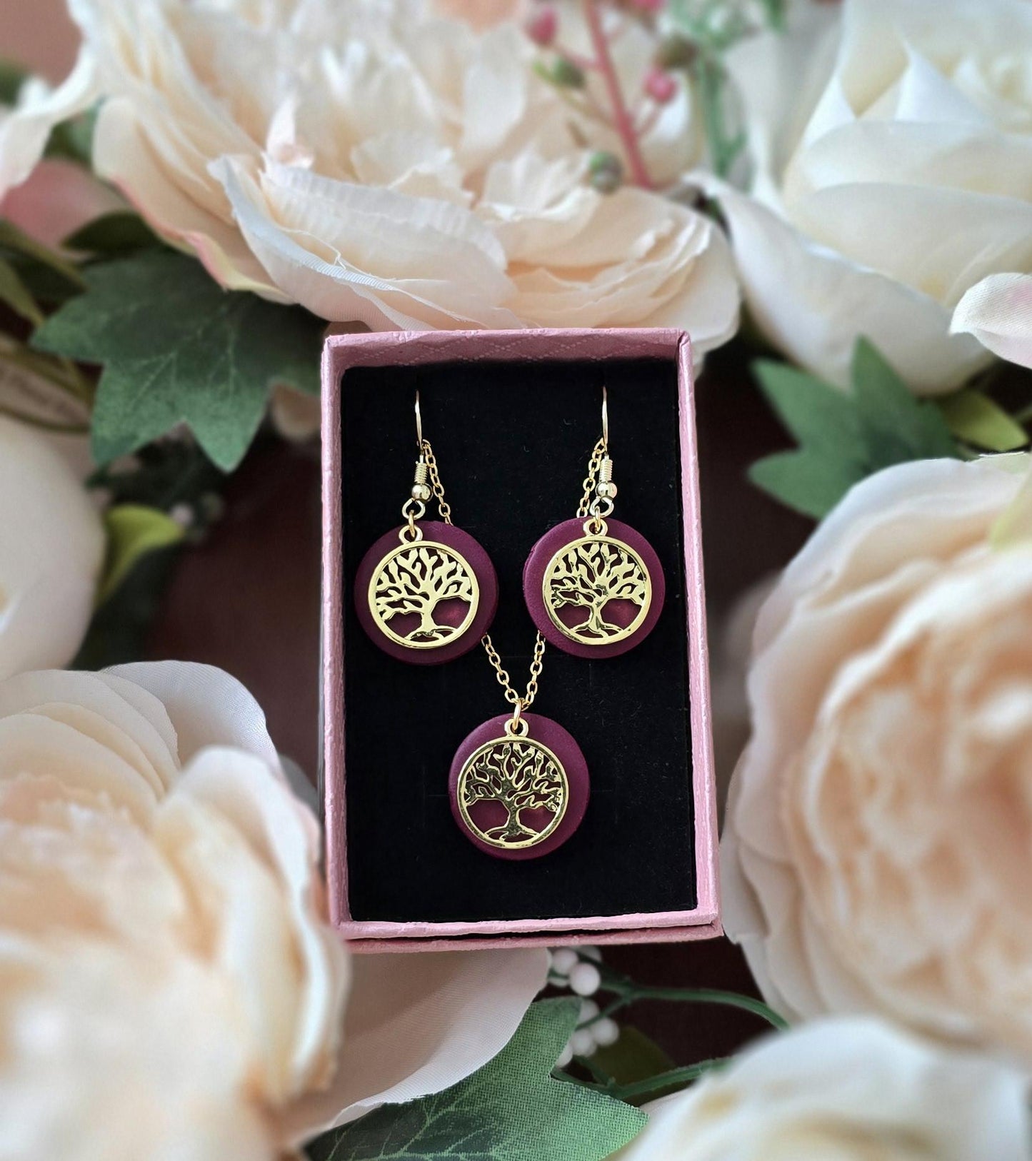 Handmade 14k gold Tree dangle drop earrings & necklace set blue, coral, pink |Polymer clay | summer statement | gift for her | light weight