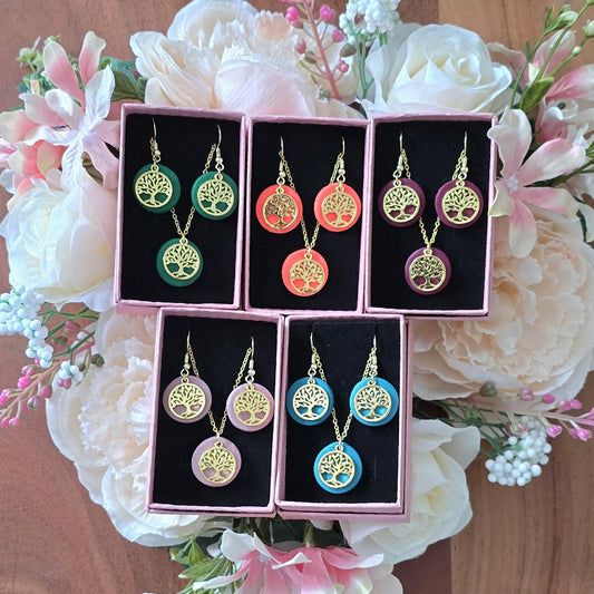 Handmade 14k gold Tree dangle drop earrings & necklace set blue, coral, pink |Polymer clay | summer statement | gift for her | light weight