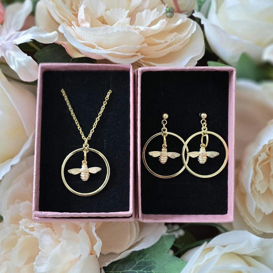 Handmade 14k gold Bee in circle earrings and/or necklace | summer statement set | light weight earrings | gift for her | nature animal boho