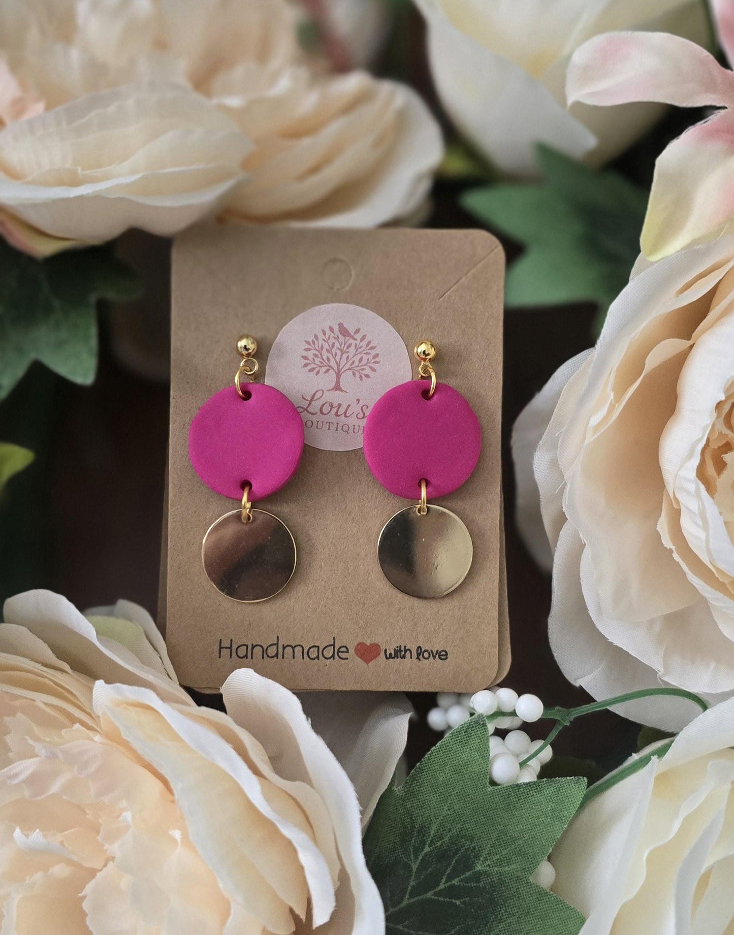 Handmade pink or blue circle clay & gold drop earrings |Polymer clay earrings |summer statement earrings |gift for her |light weight earings