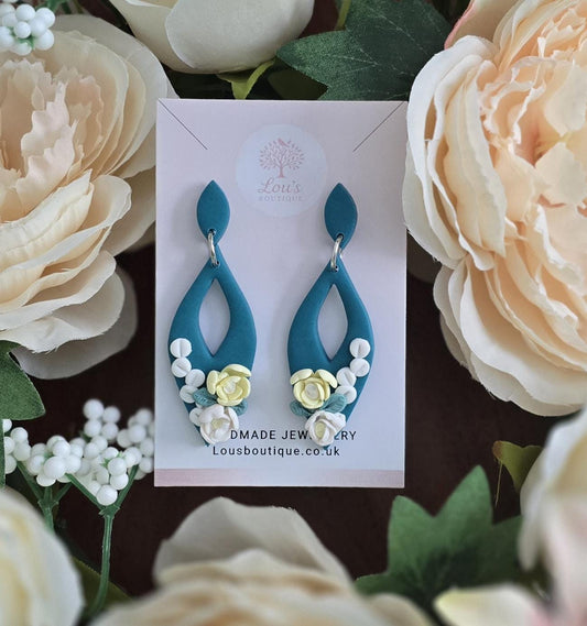 Handmade Teal and white sterling silver teardrop floral flower dangle drop stud earrings | unique lightweight earrings | gift for her | clay