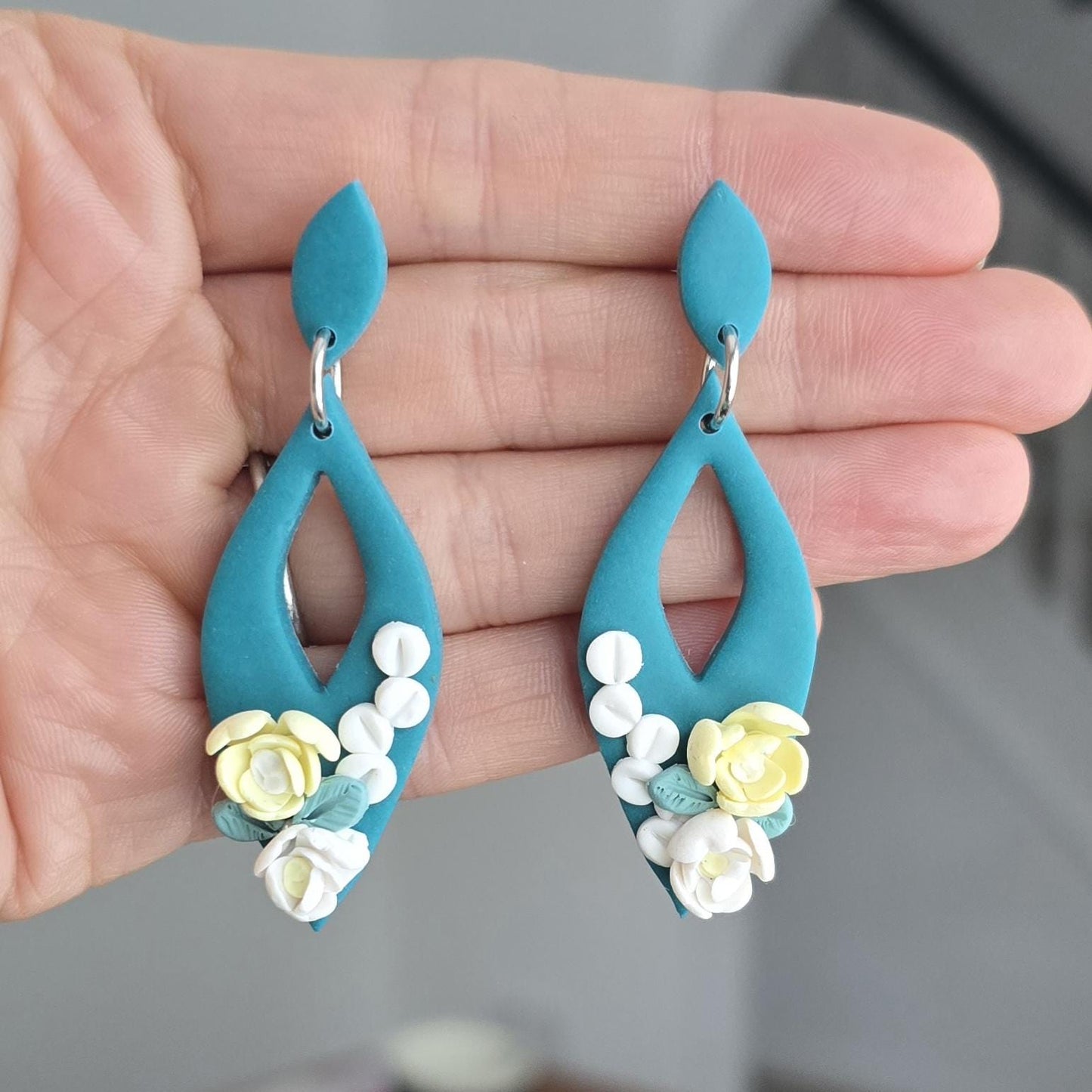 Handmade Teal and white sterling silver teardrop floral flower dangle drop stud earrings | unique lightweight earrings | gift for her | clay